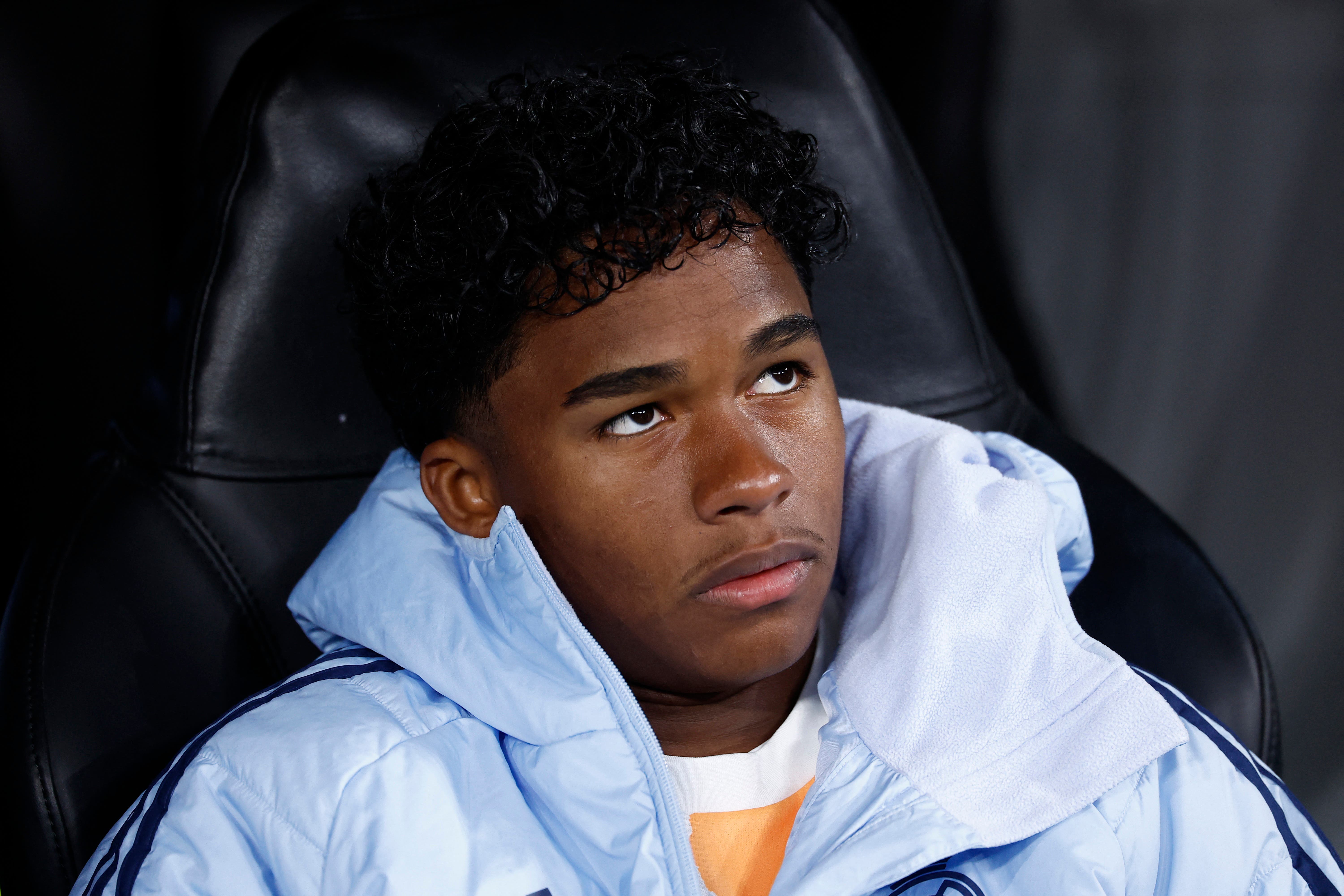Endrick on Real Madrid's bench during a Champions League Game.