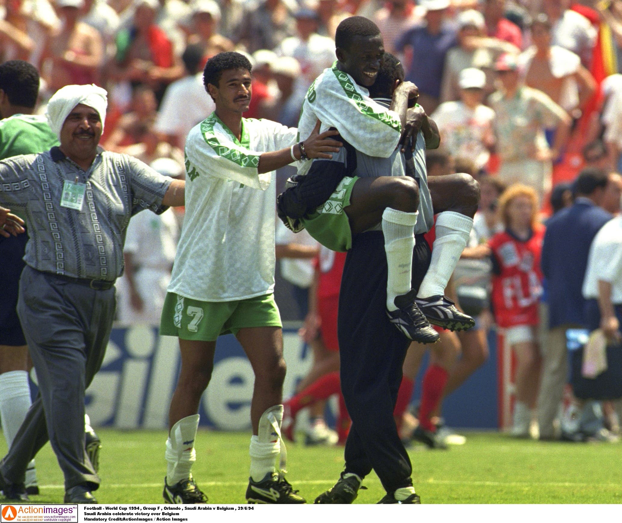 Football - 1994 FIFA World Cup - Group F - Saudi Arabia v Belgium - RFK Memorial Stadium, Washington - 29/6/94 Saudi Arabia celebrate victory over Belgium Mandatory Credit:ActionImages / Action Images