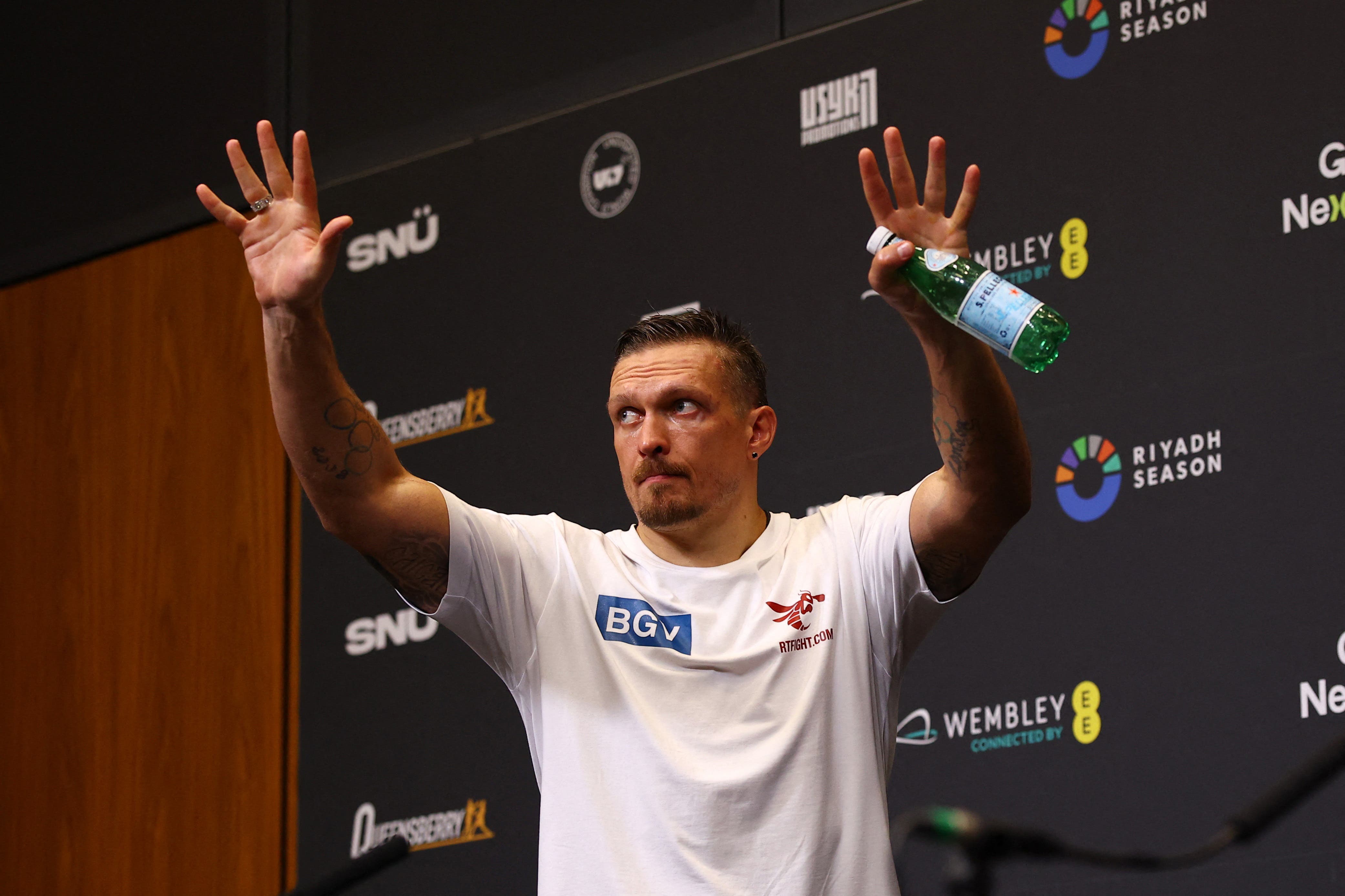 Boxing - Oleksandr Usyk v Daniel Dubois - Undisputed World Heavyweight Title - BoxPark Wembley, London, Britain - July 19, 2025 Oleksandr Usyk during the press conference after winning the fight against Daniel Dubois Action Images via Reuters/Andrew Boyers
