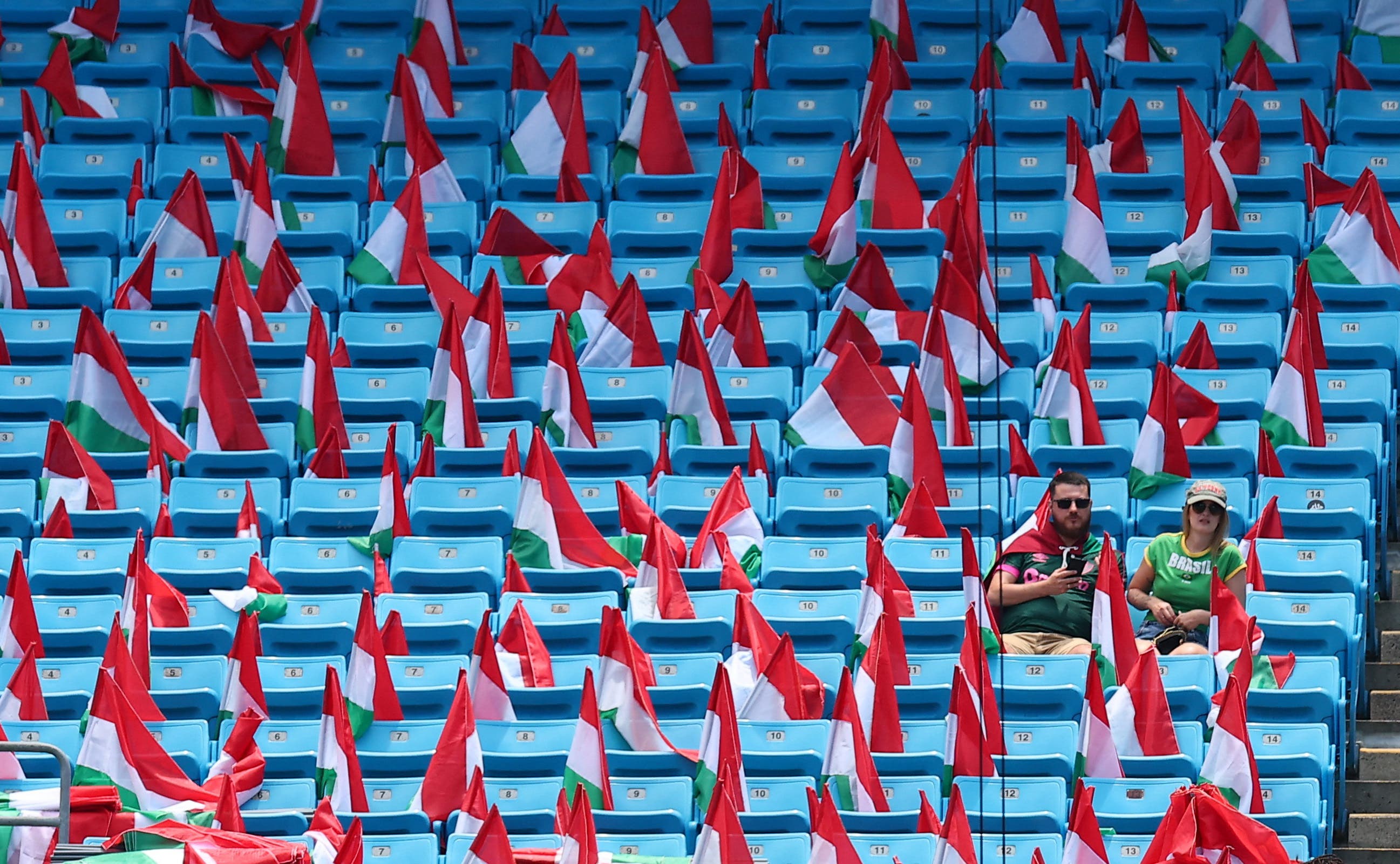 Fans sit amongst empty seats with flags on them inside the stadium before the match 