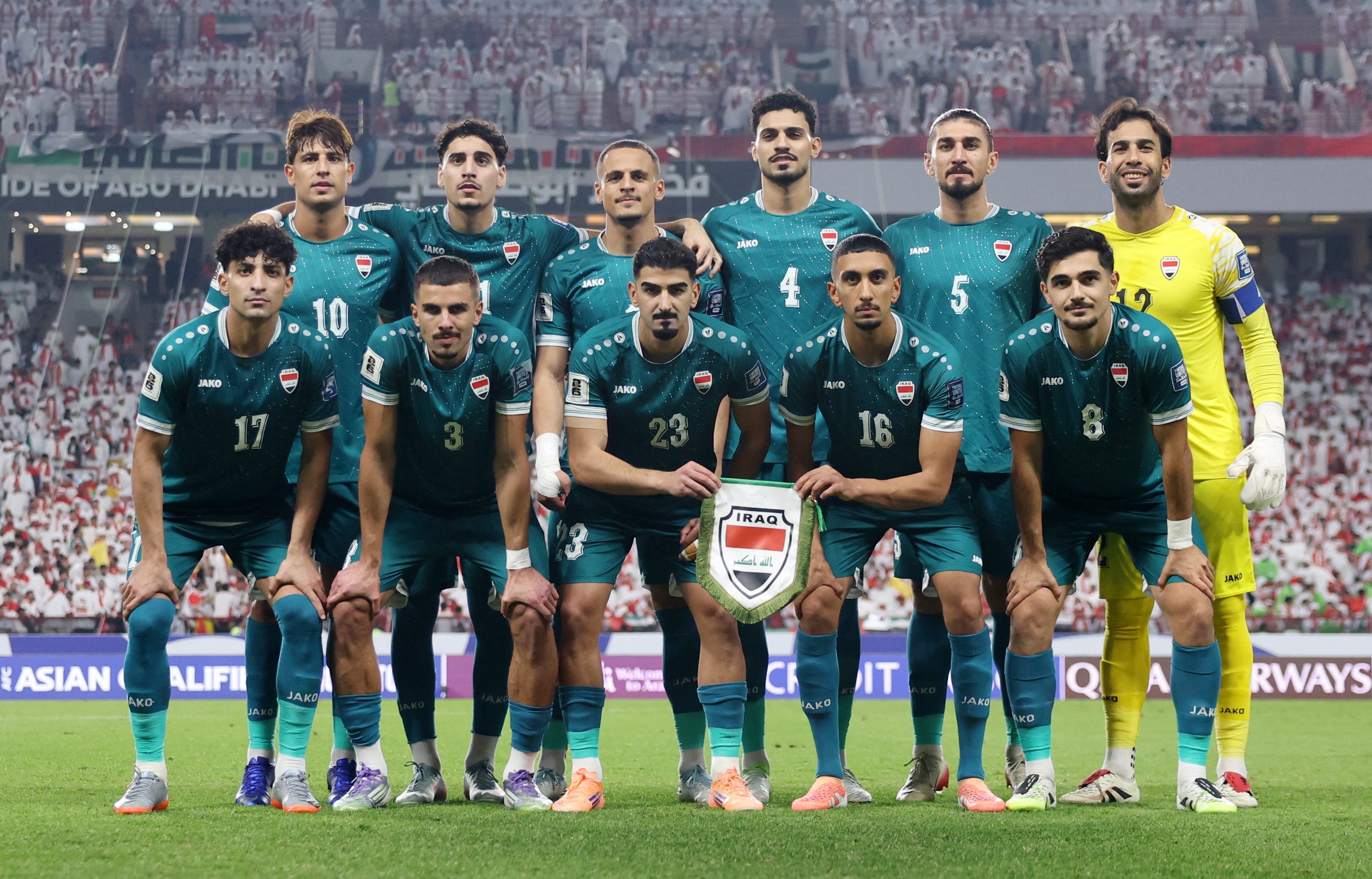 Soccer Football - FIFA World Cup - AFC Qualifiers - Fifth Round - First Leg - United Arab Emirates v Iraq - Mohamed bin Zayed Stadium, Abu Dhabi, United Arab Emirates - November 13, 2025 Iraq players pose for a team group photo before the match REUTERS/Amr Alfiky