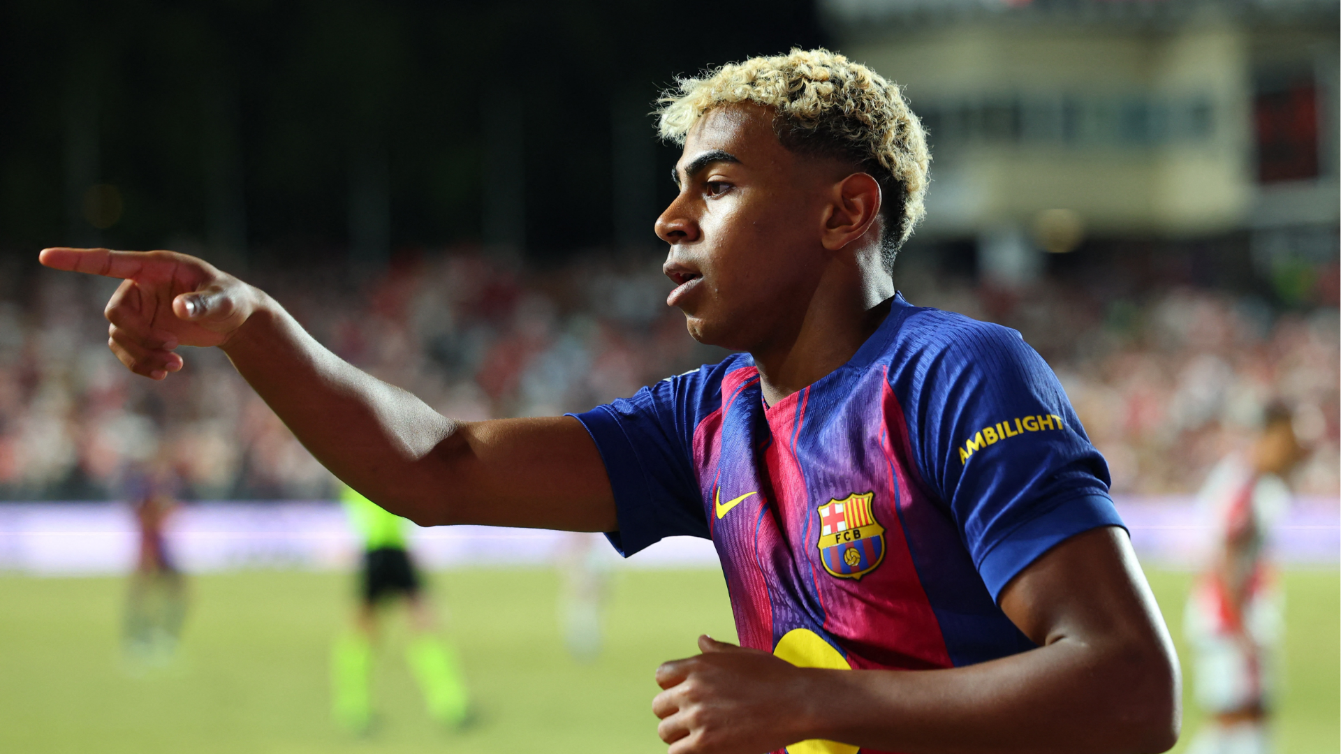 Lamine Yamal celebrates a goal during a match of LaLiga with FC Barcelona.