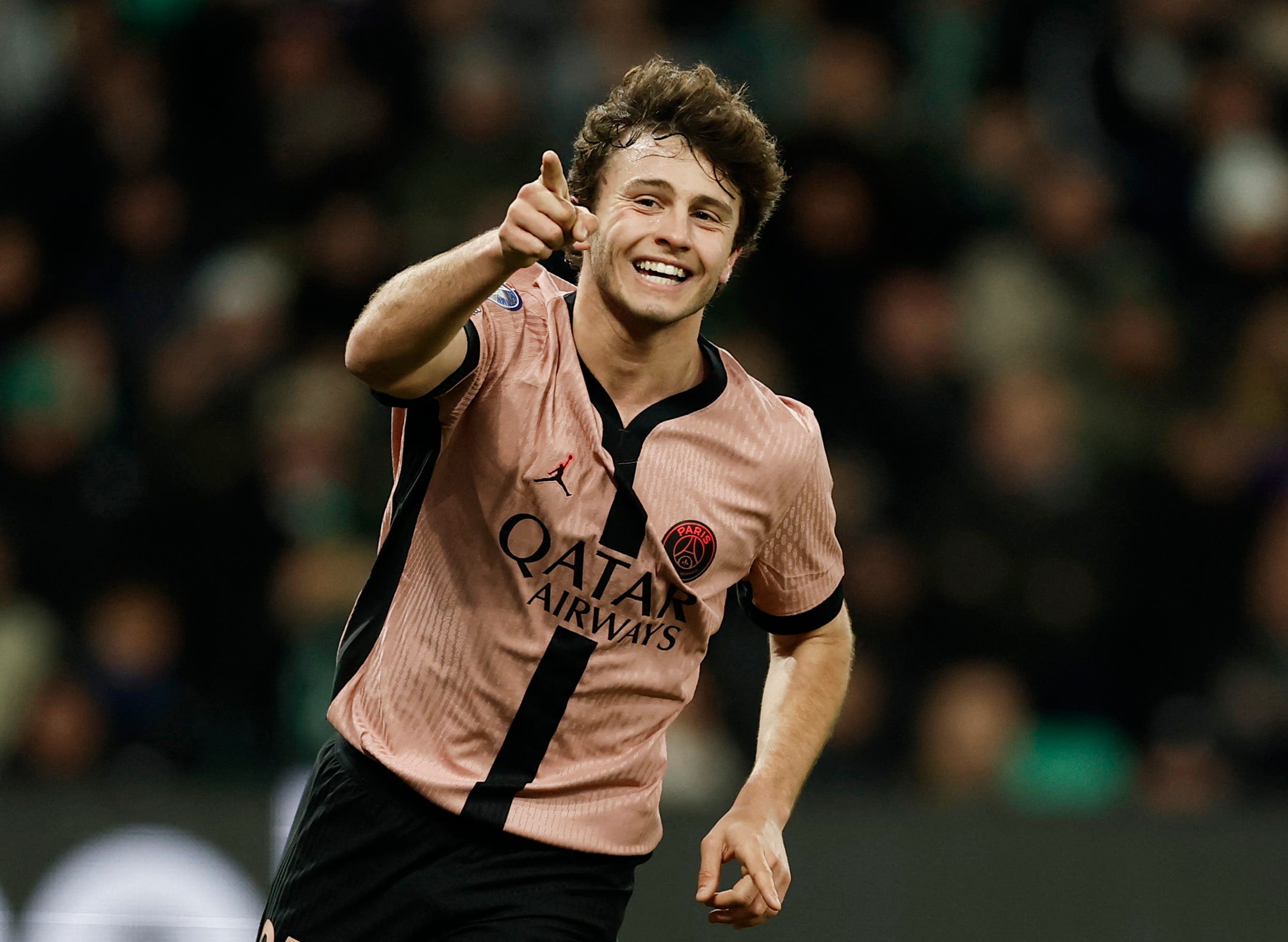 Soccer Football - Ligue 1 - AS Saint-Etienne v Paris St Germain - Stade Geoffroy-Guichard, Saint-Etienne, France - March 29, 2025 Paris St Germain's Joao Neves celebrates scoring their fourth goal REUTERS/Benoit Tessier
