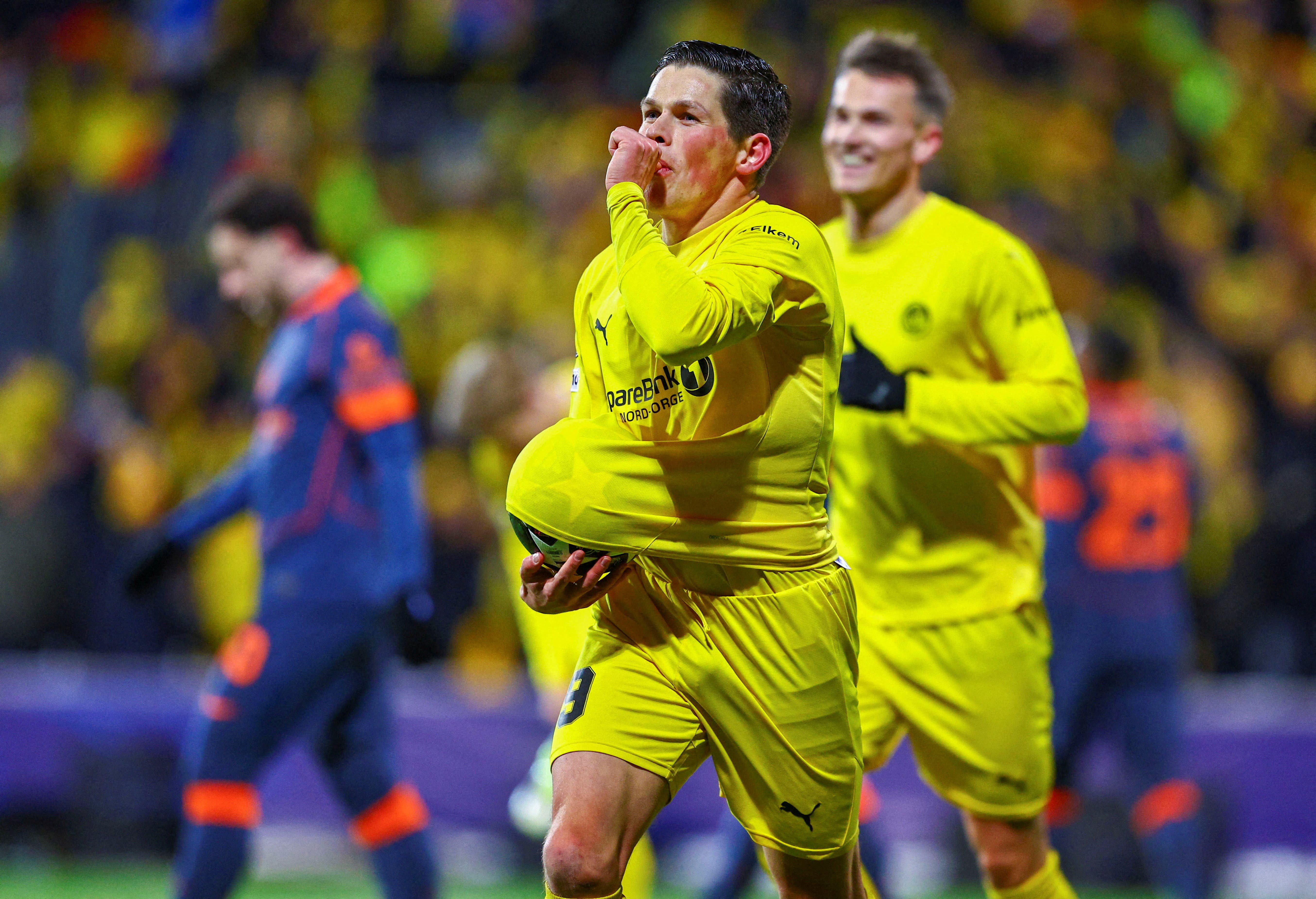 Soccer Football - UEFA Champions League - Play Off - First Leg - Bodo/Glimt v Inter Milan - Aspmyra Stadion, Bodo, Norway - February 18, 2026 Bodo/Glimt's Sondre Fet celebrates scoring their first goal Mats Torbergsen/NTB