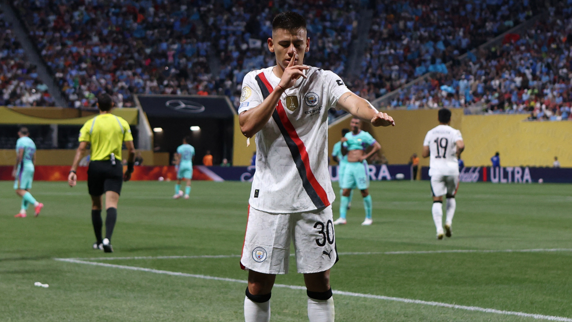 Soccer Football - FIFA Club World Cup - Group G - Manchester City v Al Ain - Mercedes-Benz Stadium, Atlanta, Georgia, U.S. - June 22, 2025 Manchester City's Claudio Echeverri celebrates scoring their second goal IMAGN IMAGES via Reuters/Brett Davis