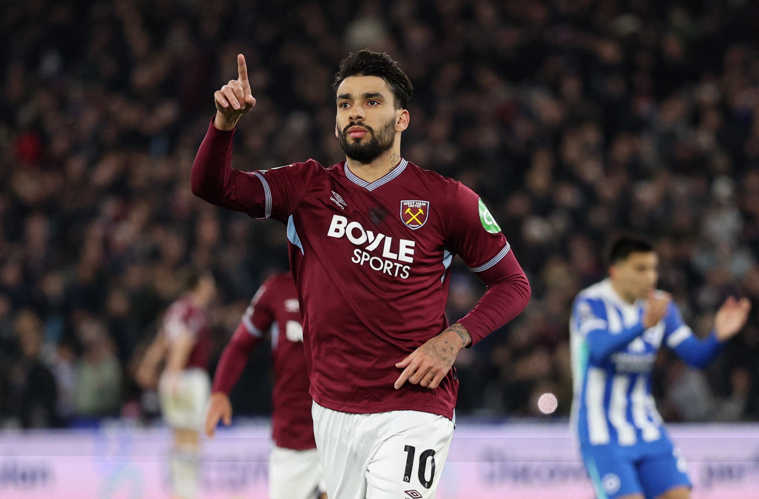 Soccer Football - Premier League - West Ham United v Brighton & Hove Albion - London Stadium, London, Britain - December 30, 2025 West Ham United's Lucas Paqueta celebrates scoring their second goal Action Images via Reuters/John Sibley