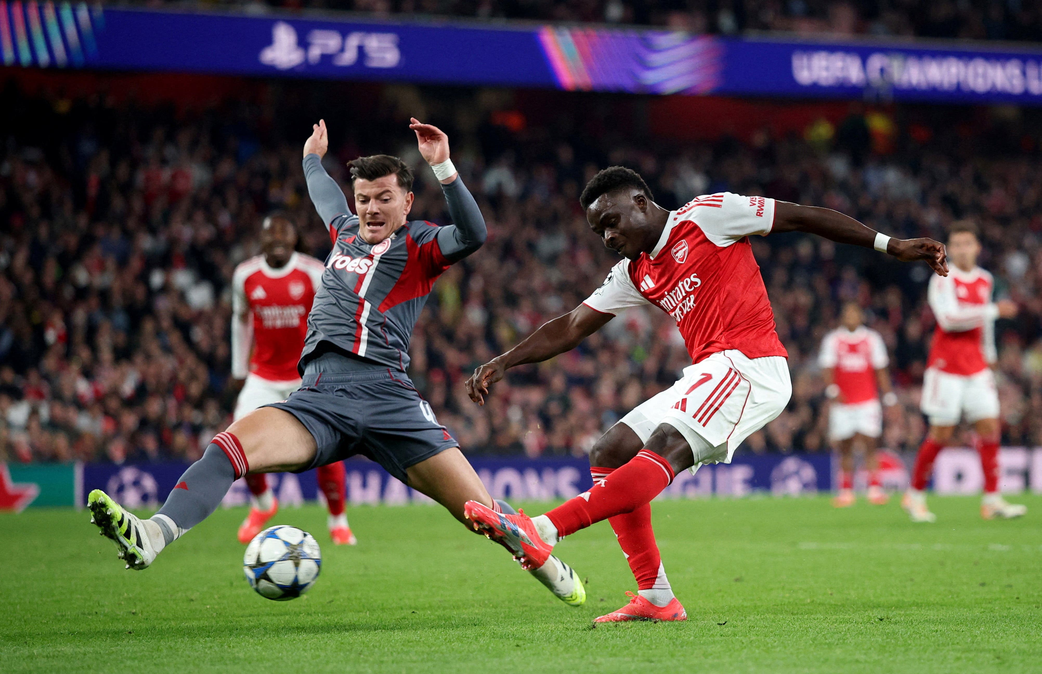 Soccer Football - UEFA Champions League - Arsenal v Olympiacos - Emirates Stadium, London, Britain - October 1, 2025 Arsenal's Bukayo Saka scores their second goal Action Images via Reuters/Andrew Boyers TPX IMAGES OF THE DAY