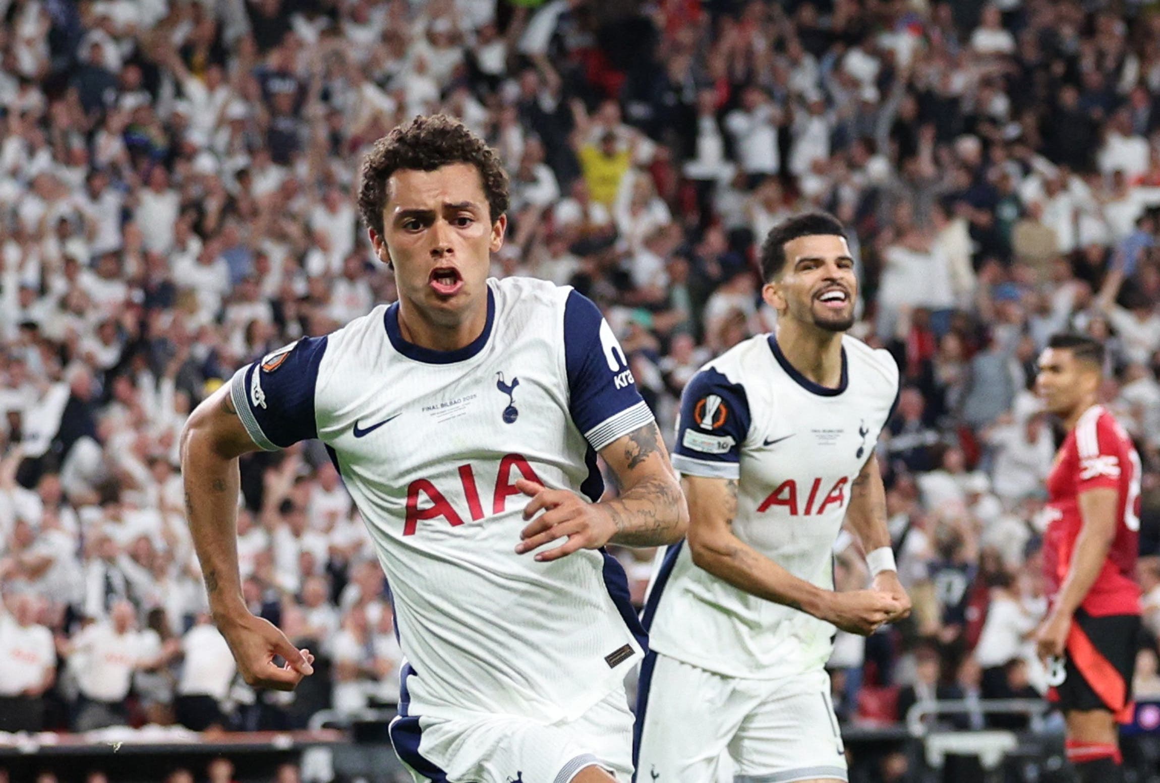 Tottenham Hotspur's Brennan Johnson celebrates scoring their first goal 