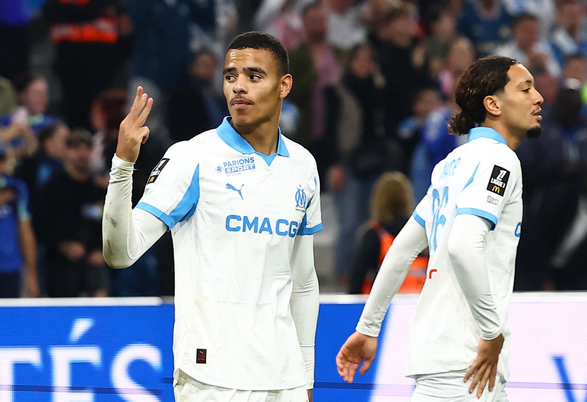 Soccer Football - Ligue 1 - Olympique de Marseille v Le Havre AC - Orange Velodrome, Marseille, France - October 18, 2025 Olympique de Marseille's Mason Greenwood celebrates scoring their third goal and completes his hat-trick REUTERS/Manon Cruz