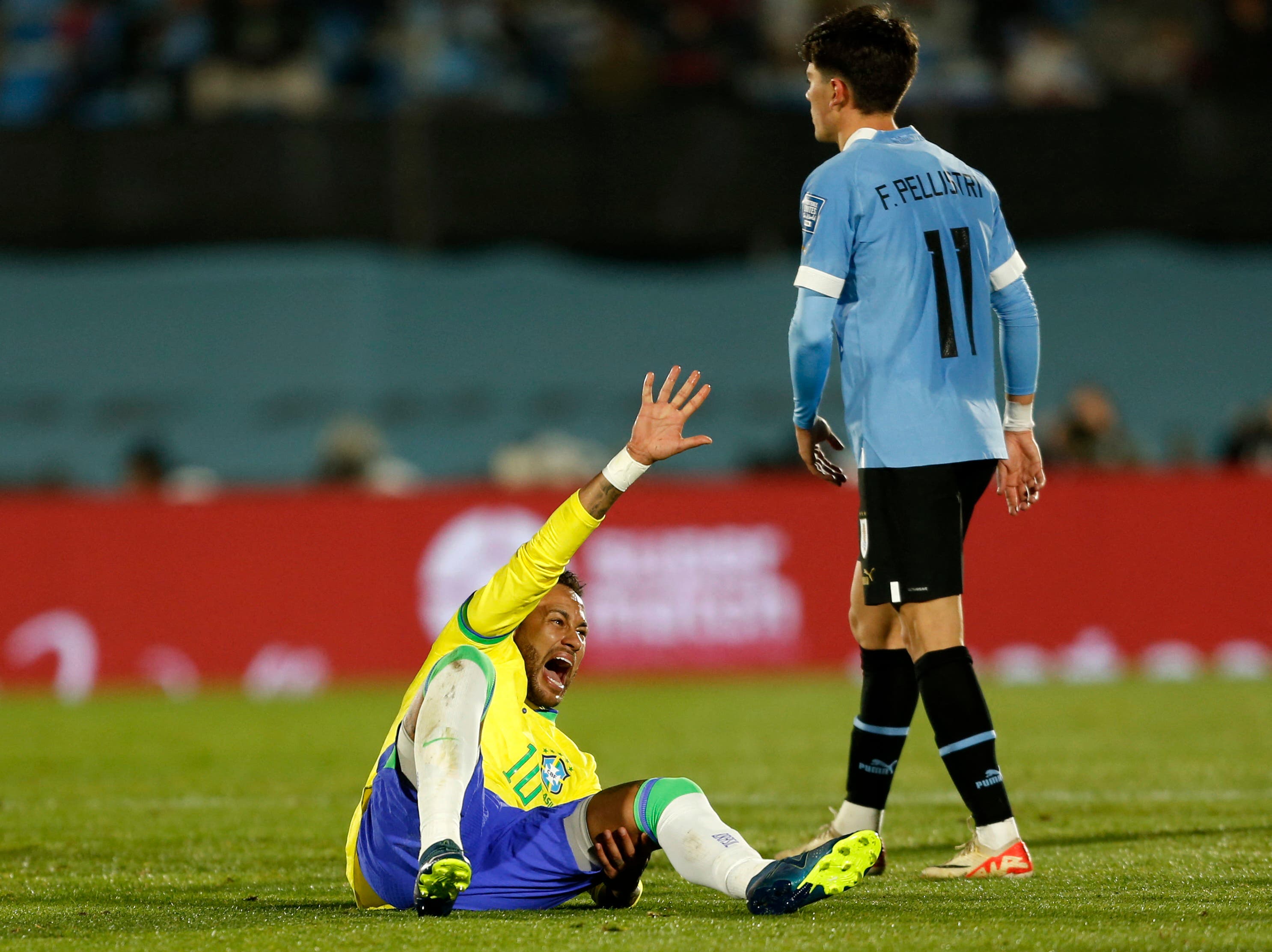 Brazil's Neymar reacts after sustaining an injury