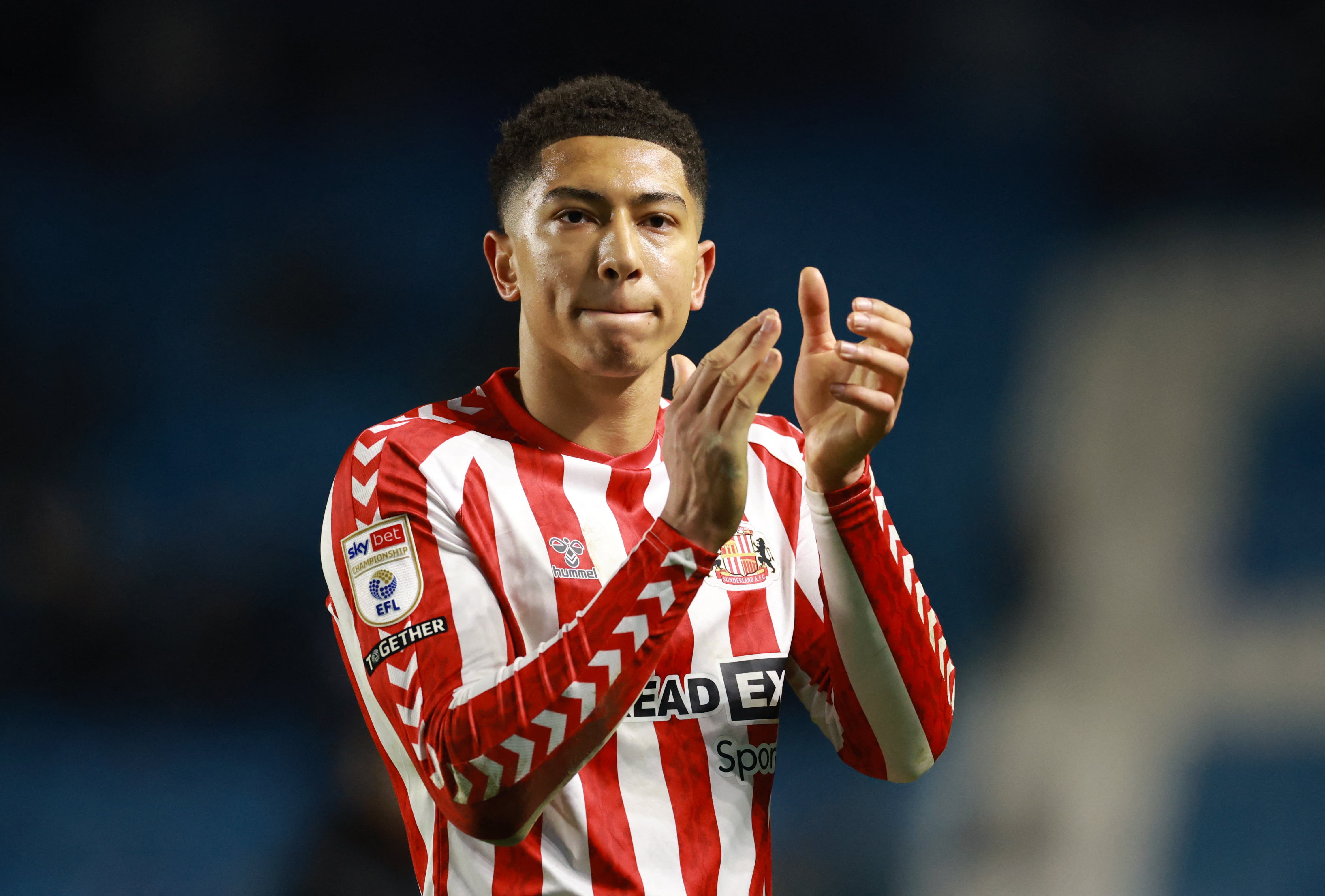 Sunderland's Jobe Bellingham applauds fans after the match