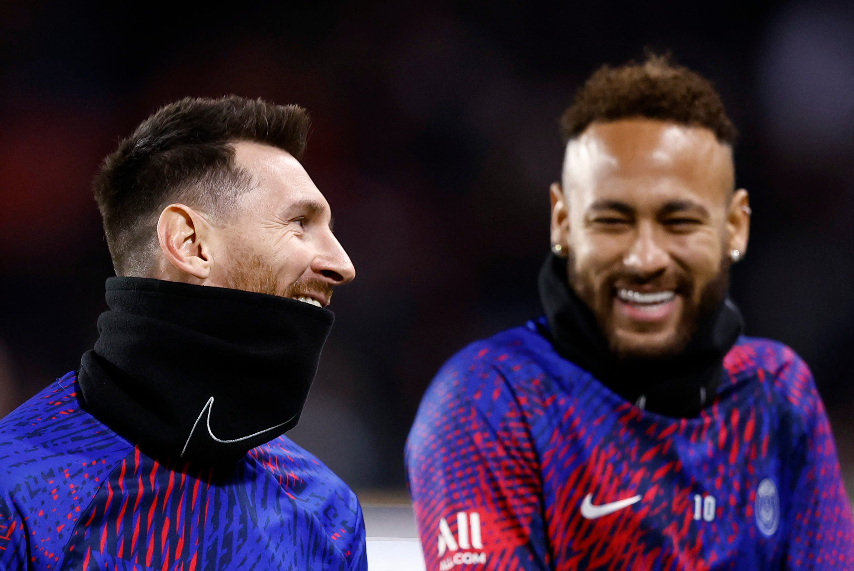 Soccer Football - Ligue 1 - Stade Rennes v Paris St Germain - Roazhon Park, Rennes, France - January 15, 2023 Paris St Germain's Lionel Messi and Neymar during the warm up before the match REUTERS/Stephane Mahe

