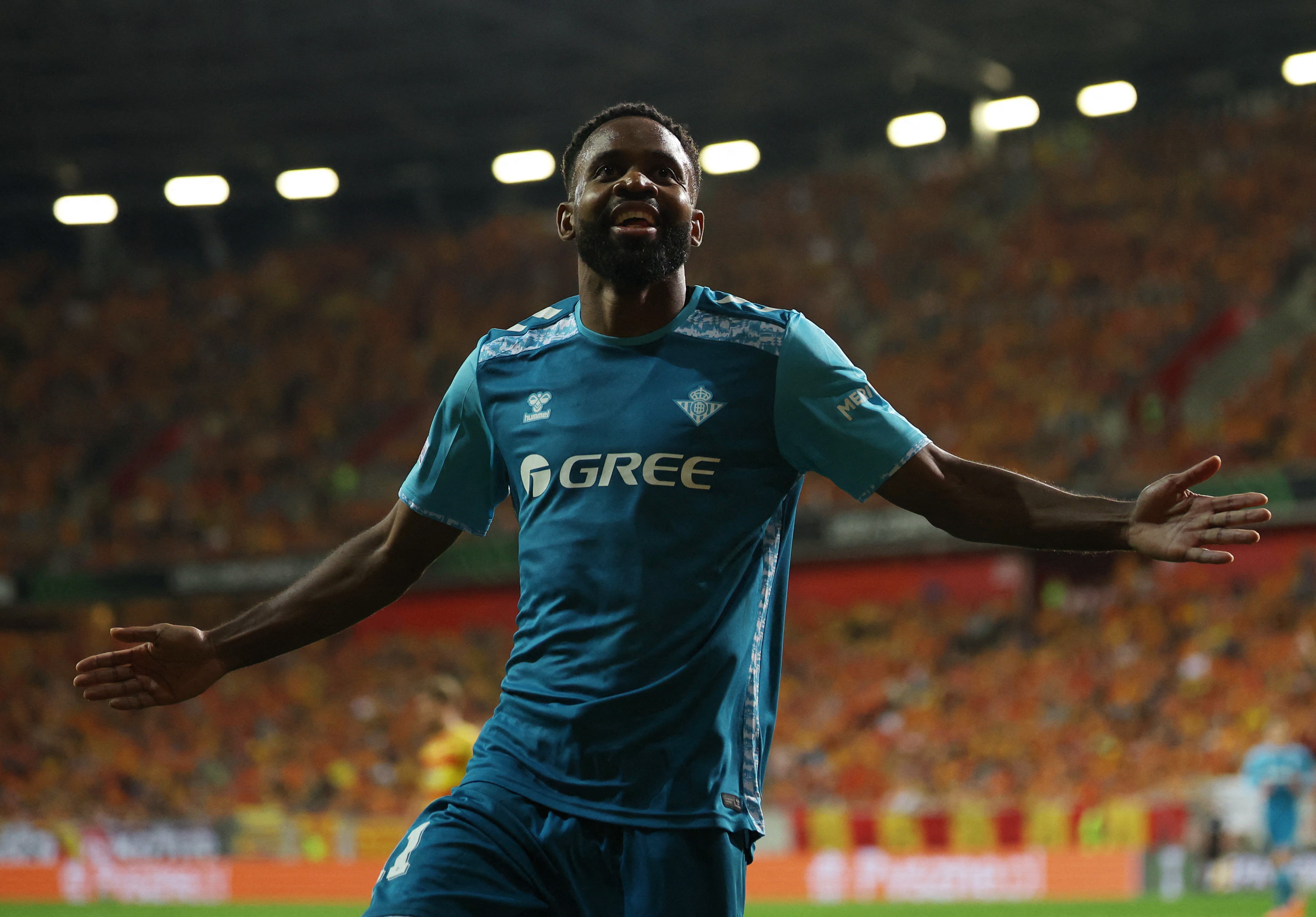 Soccer Football - Conference League - Quarter Final - Second Leg - Jagiellonia Bialystok v Real Betis - Bialystok City Stadium, Bialystok, Poland - April 17, 2025 Real Betis' Cedric Bakambu celebrates scoring their first goal REUTERS/Kacper Pempel