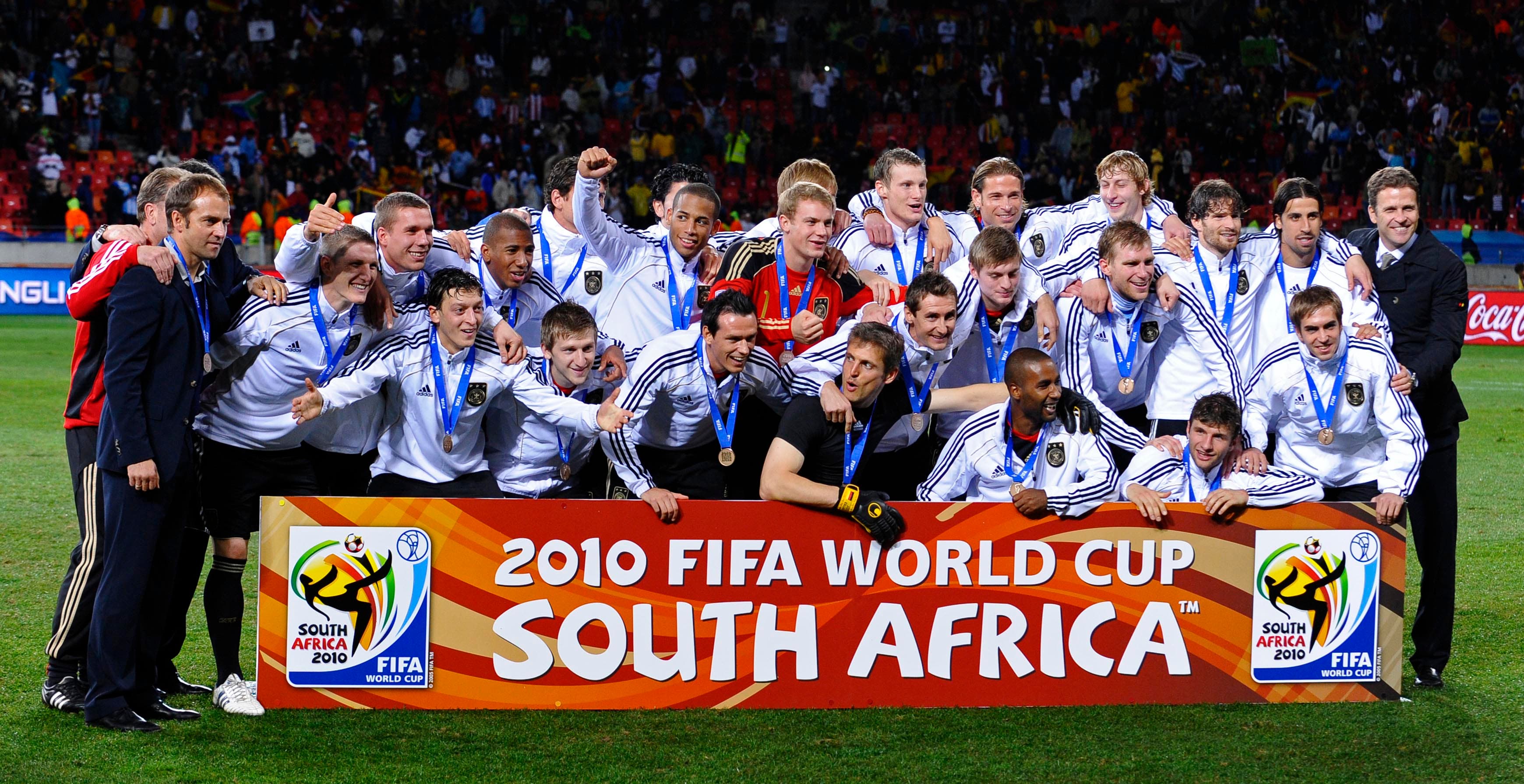 Football - Uruguay v Germany FIFA World Cup Third/Fourth Place Play-Off - South Africa 2010 - Nelson Mandela Bay Stadium, Port Elizabeth, South Africa - 10/7/10 Germany celebrate finishing third place in the FIFA World Cup 2010 Mandatory Credit: Action Images / Jason Cairnduff Livepic