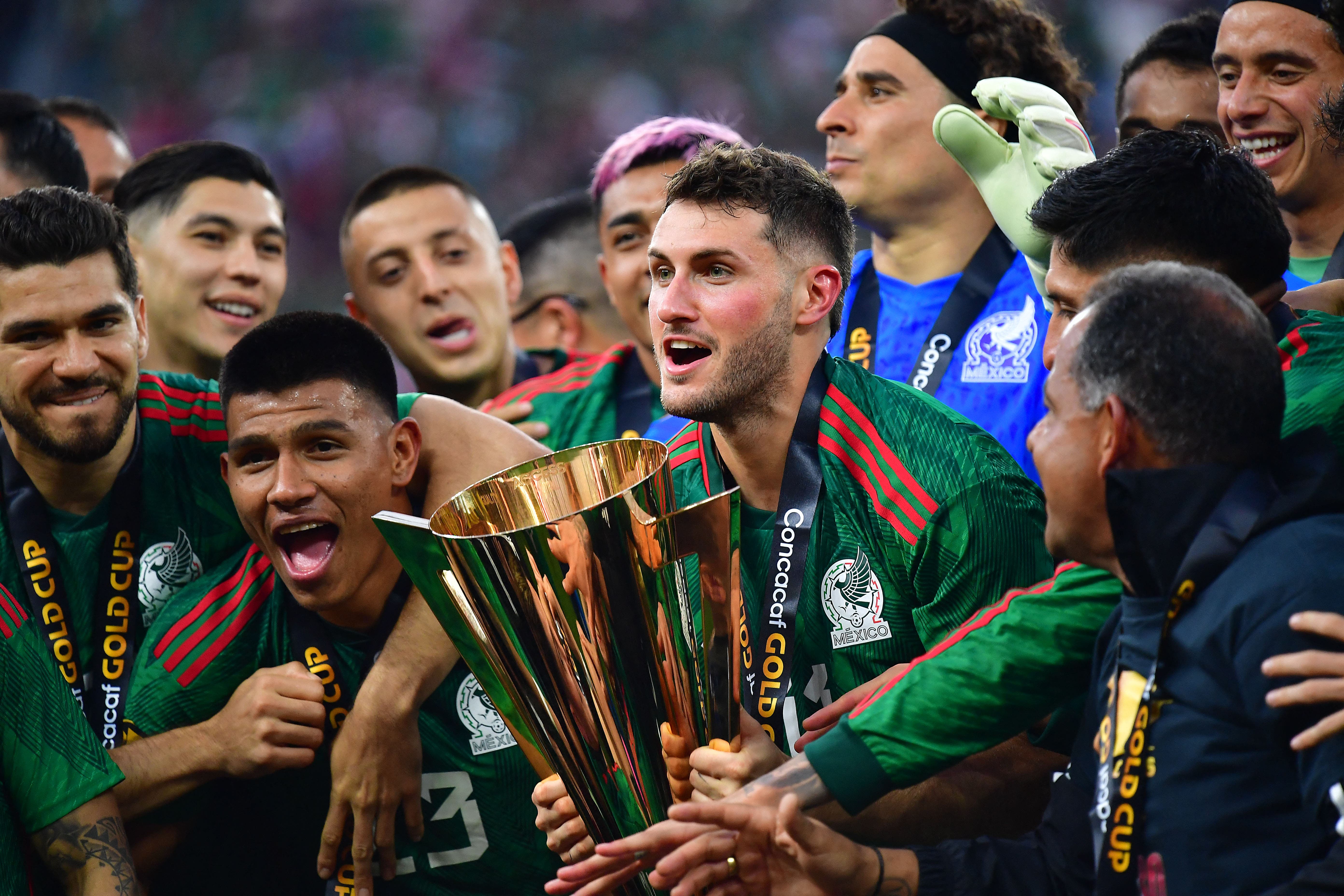 Jul 16, 2023; Inglewood, California, USA; Mexico celebrate the victory against Panama following the Gold Cup final at SoFi Stadium. Mandatory Credit: Gary A. Vasquez-USA TODAY Sports