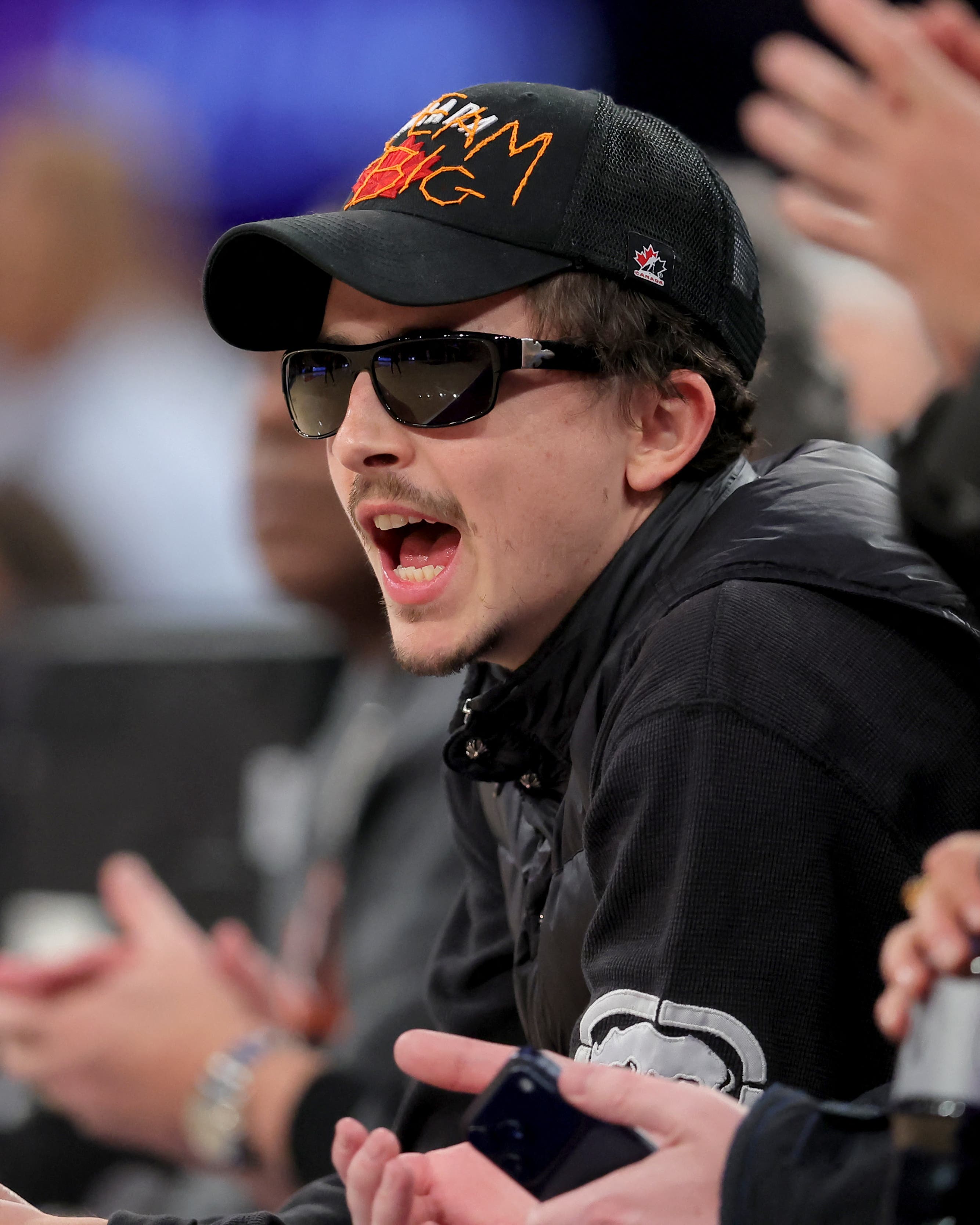 Jan 30, 2026; New York, New York, USA; American and French actor Timothee Chalamet sits courtside during the first quarter between the New York Knicks and Portland Trail Blazers at Madison Square Garden. Mandatory Credit: Brad Penner-Imagn Images