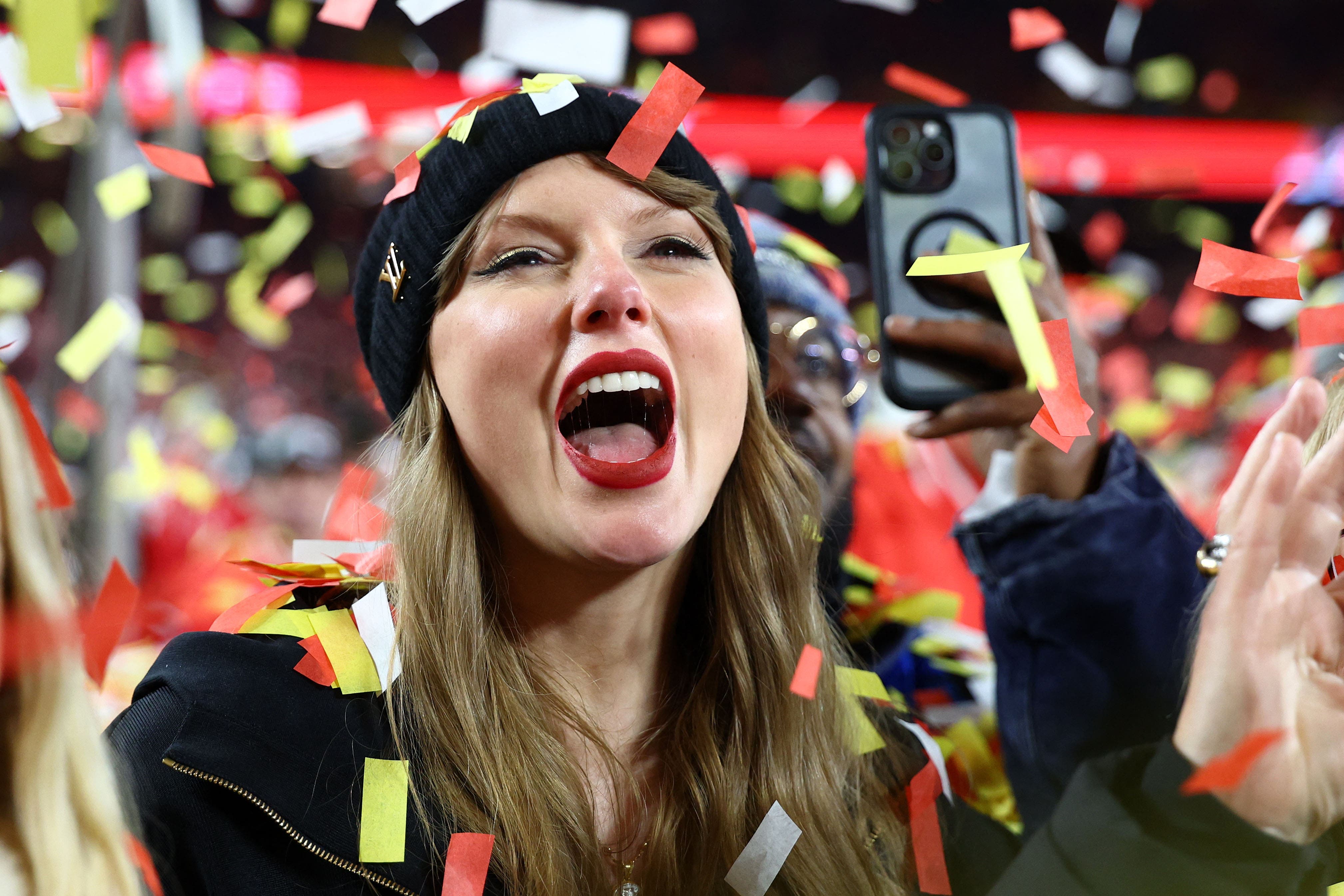 Jan 26, 2025; Kansas City, MO, USA; Recording artist Taylor Swift reacts after the AFC Championship game against the Buffalo Bills at GEHA Field at Arrowhead Stadium. Mandatory Credit: Mark J. Rebilas-Imagn Images
