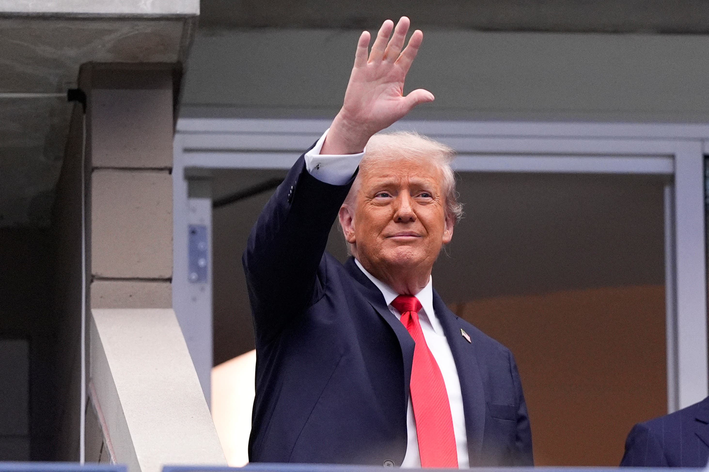 Sep 7, 2025; Flushing, NY, USA; President Donald Trump arrives for the final of mens singles at Billie Jean King National Tennis Center. Mandatory Credit: Robert Deutsch-Imagn Images