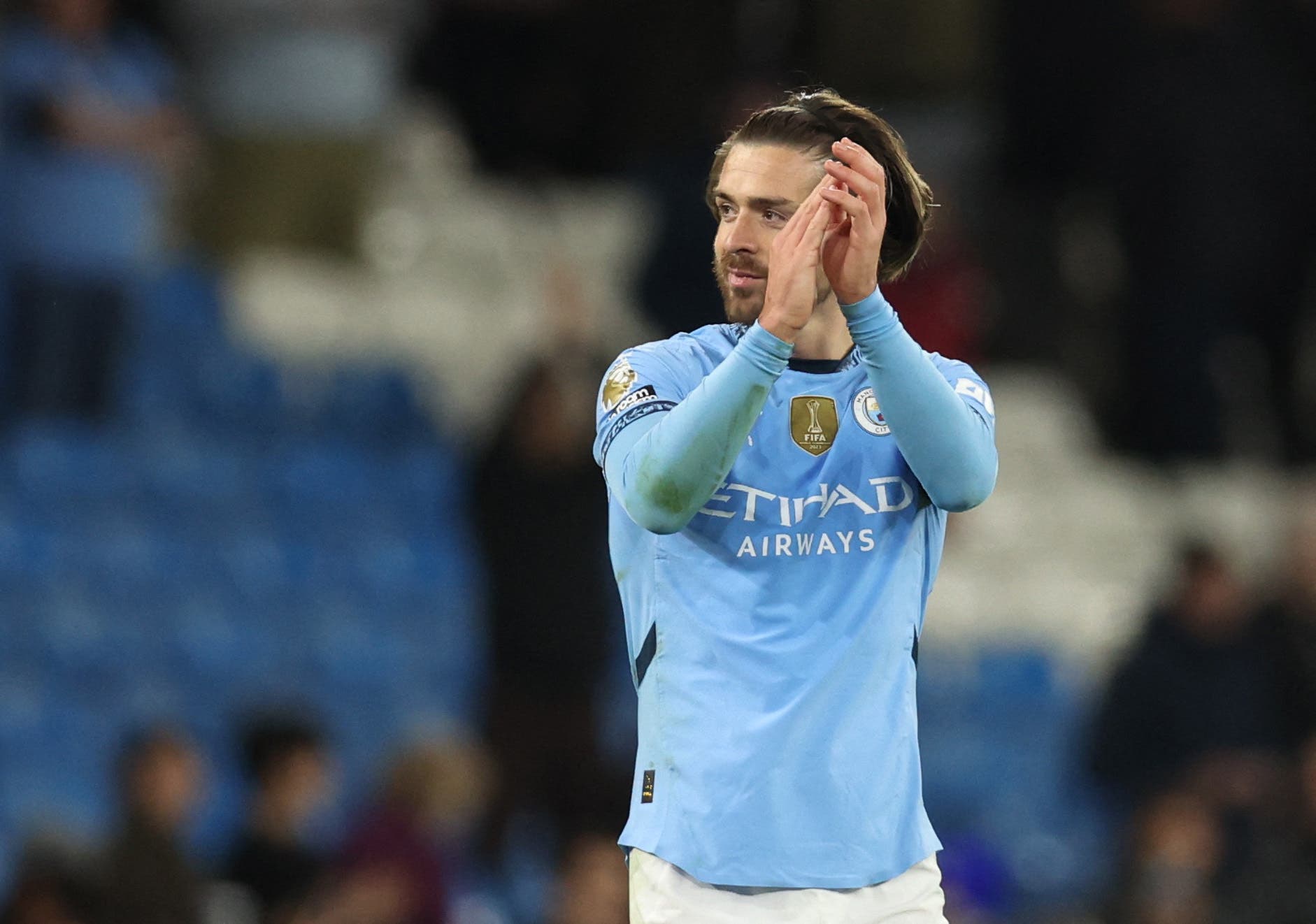 Soccer Football - Premier League - Manchester City v Leicester City - Etihad Stadium, Manchester, Britain - April 2, 2025 Manchester City's Jack Grealish celebrates after the match REUTERS/Chris Radburn