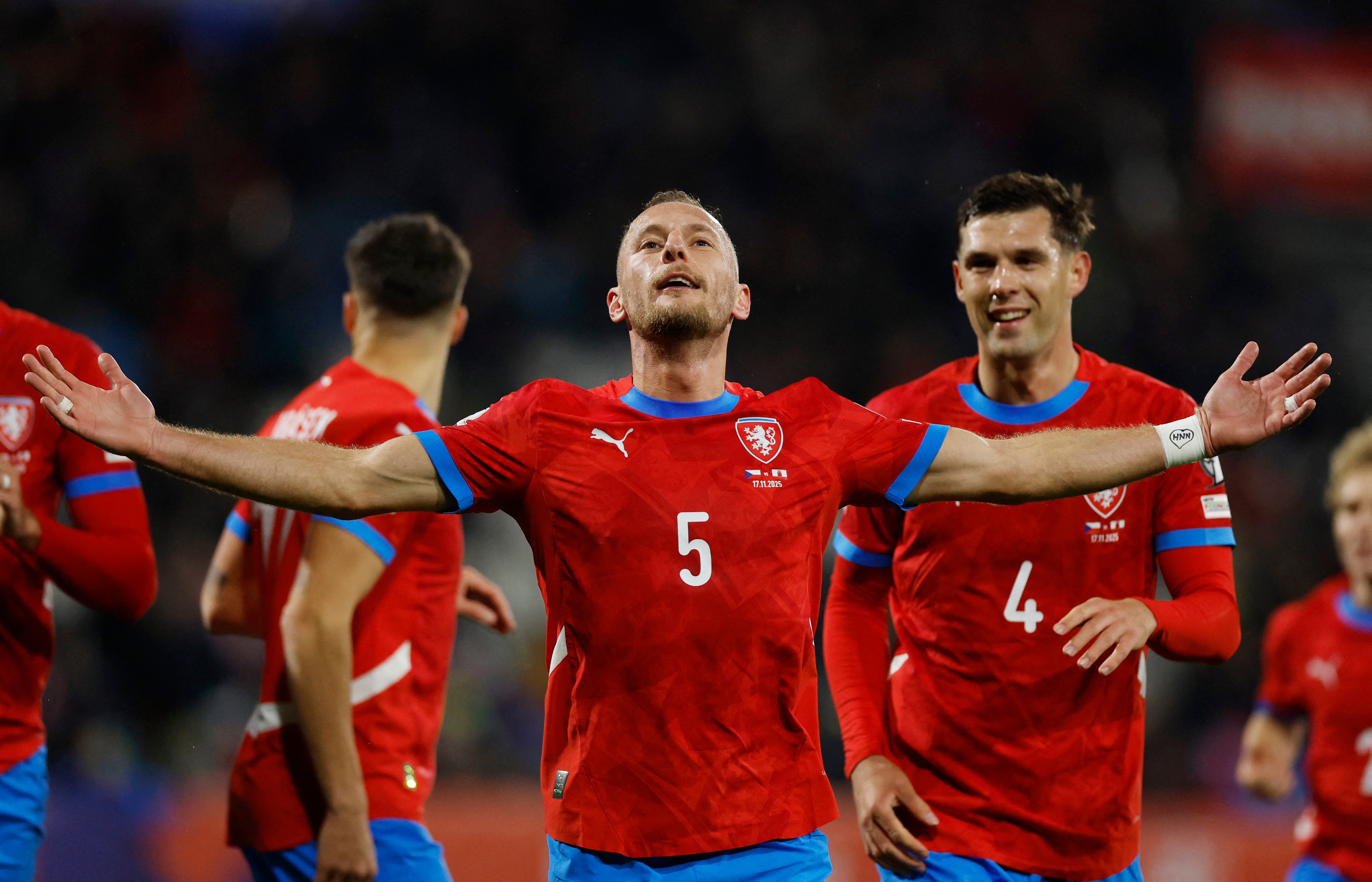 Soccer Football - World Cup - UEFA Qualifiers - Group L - Czech Republic v Gibraltar - Andruv Stadion, Olomouc, Czech Republic - November 17, 2025 Czech Republic's Vladimir Coufal celebrates scoring their third goal REUTERS/David W Cerny