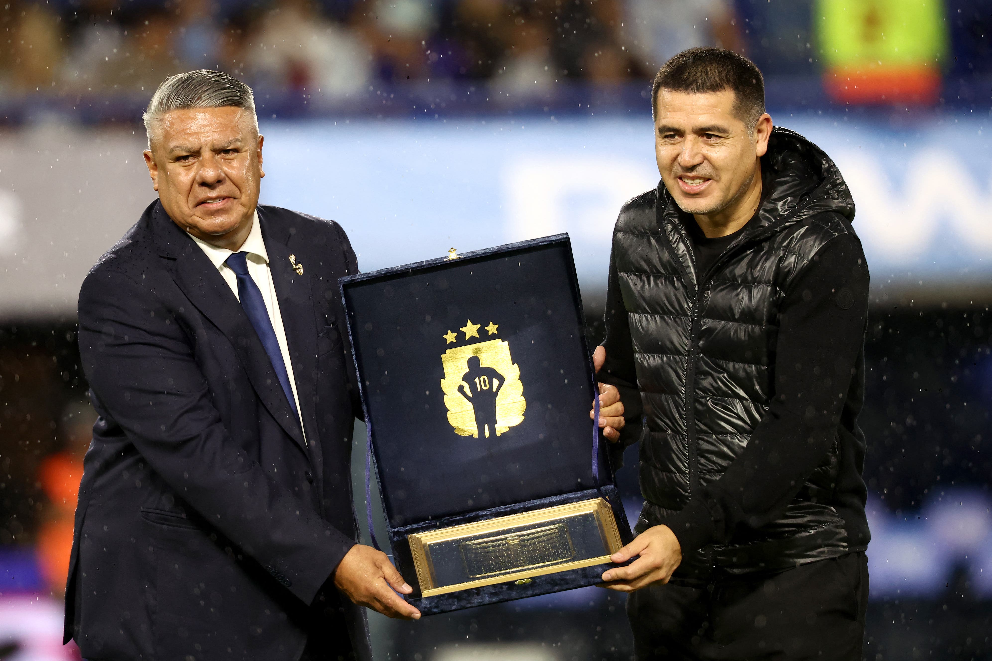 Soccer Football - International Friendly - Argentina v Mauritania - Estadio La Bombonera, Buenos Aires, Argentina - March 27, 2026 President of the Argentine Football Association, Claudio Fabian Tapia and Boca Juniors club president Juan Roman Riquelme before the match REUTERS/Agustin Marcarian