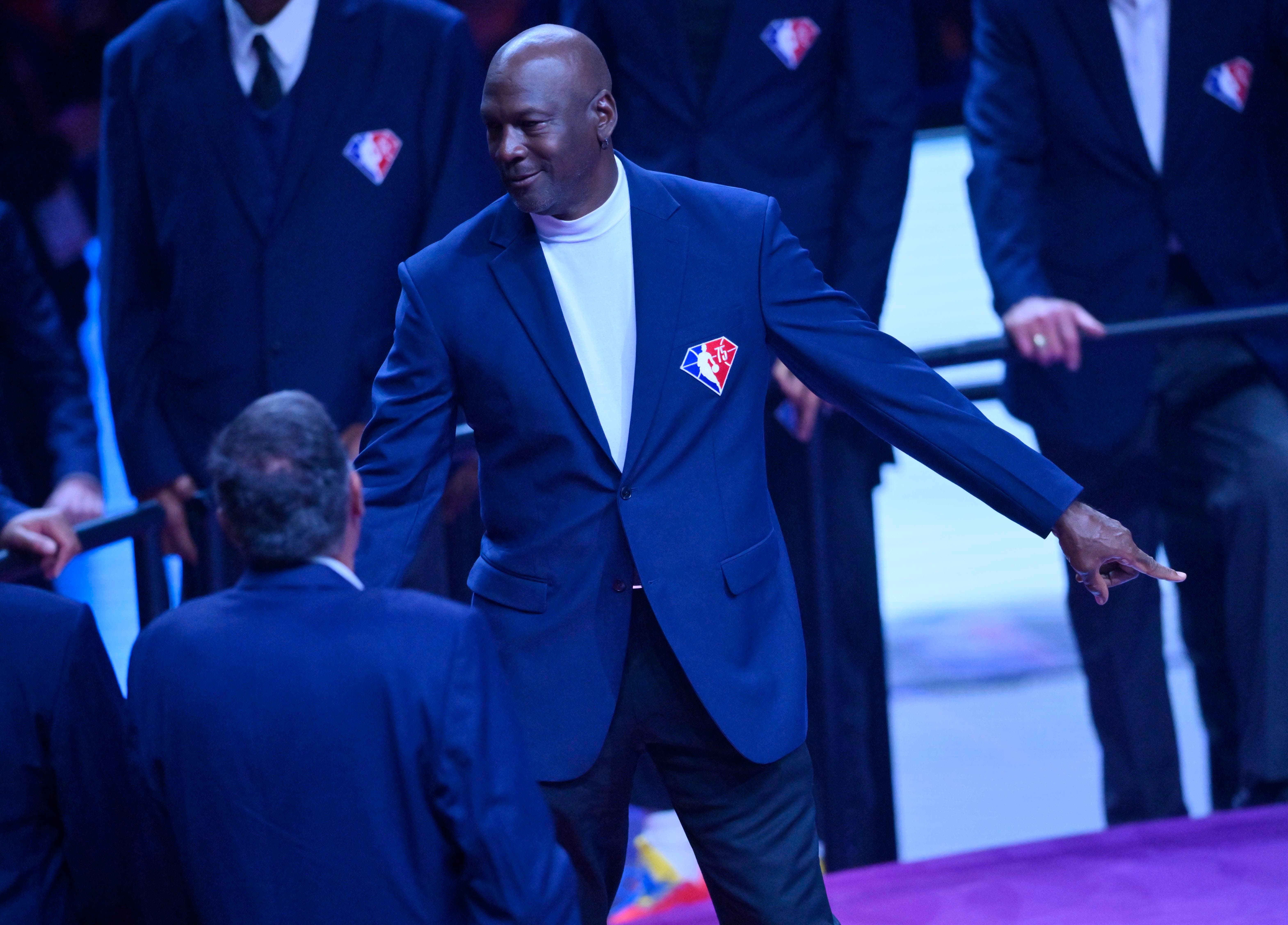 Feb 20, 2022; Cleveland, Ohio, USA; Michael Jordan at halftime during the 2022 NBA All-Star Game at Rocket Mortgage FieldHouse. Mandatory Credit: Kyle Terada-USA TODAY Sports