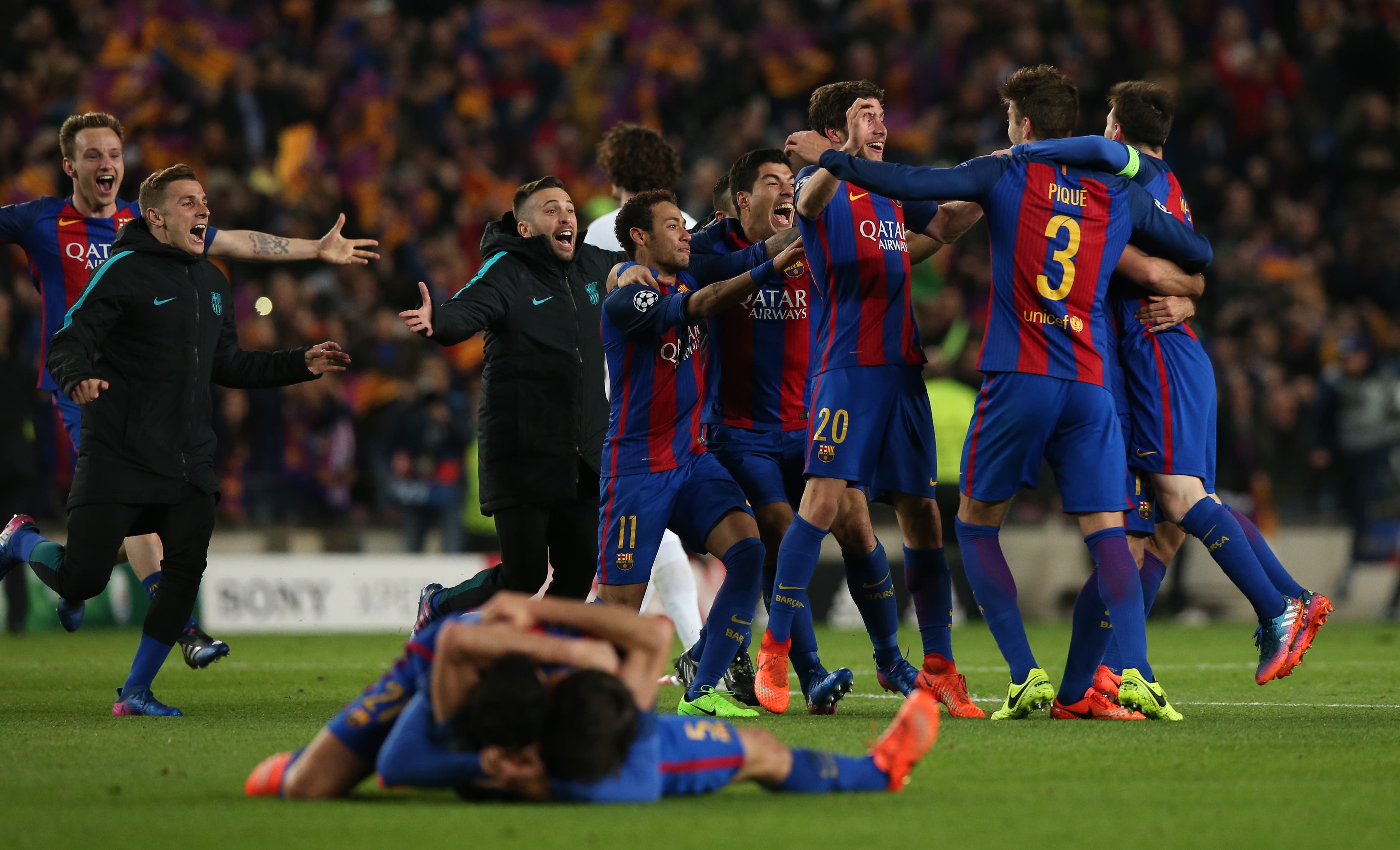 Football Soccer - Barcelona v Paris St Germain - UEFA Champions League Round of 16 Second Leg - The Nou Camp, Barcelona, Spain - 8/3/17 Barcelona players celebrate after the game Reuters / Albert Gea Livepic