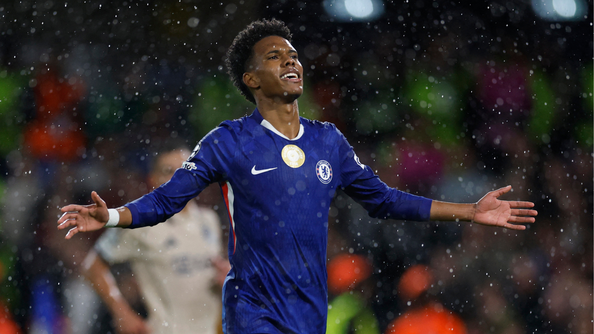 Estevao Willian celebrates a goal during a match with Chelsea.
