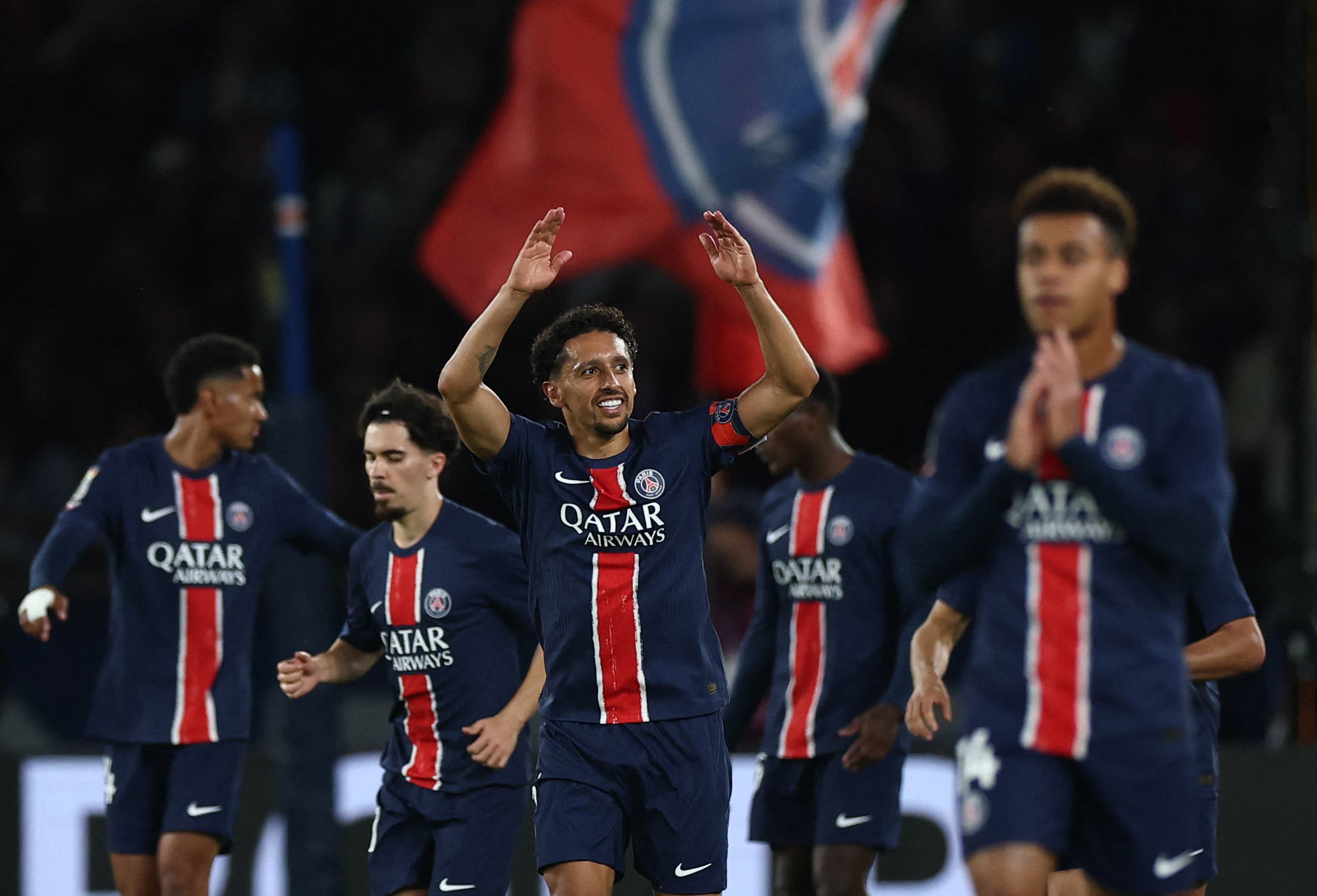 Soccer Football - Ligue 1 - Paris St Germain v Auxerre - Parc des Princes, Paris, France - May 17, 2025 Paris St Germain's Marquinhos celebrates scoring their second goal REUTERS/Gonzalo Fuentes