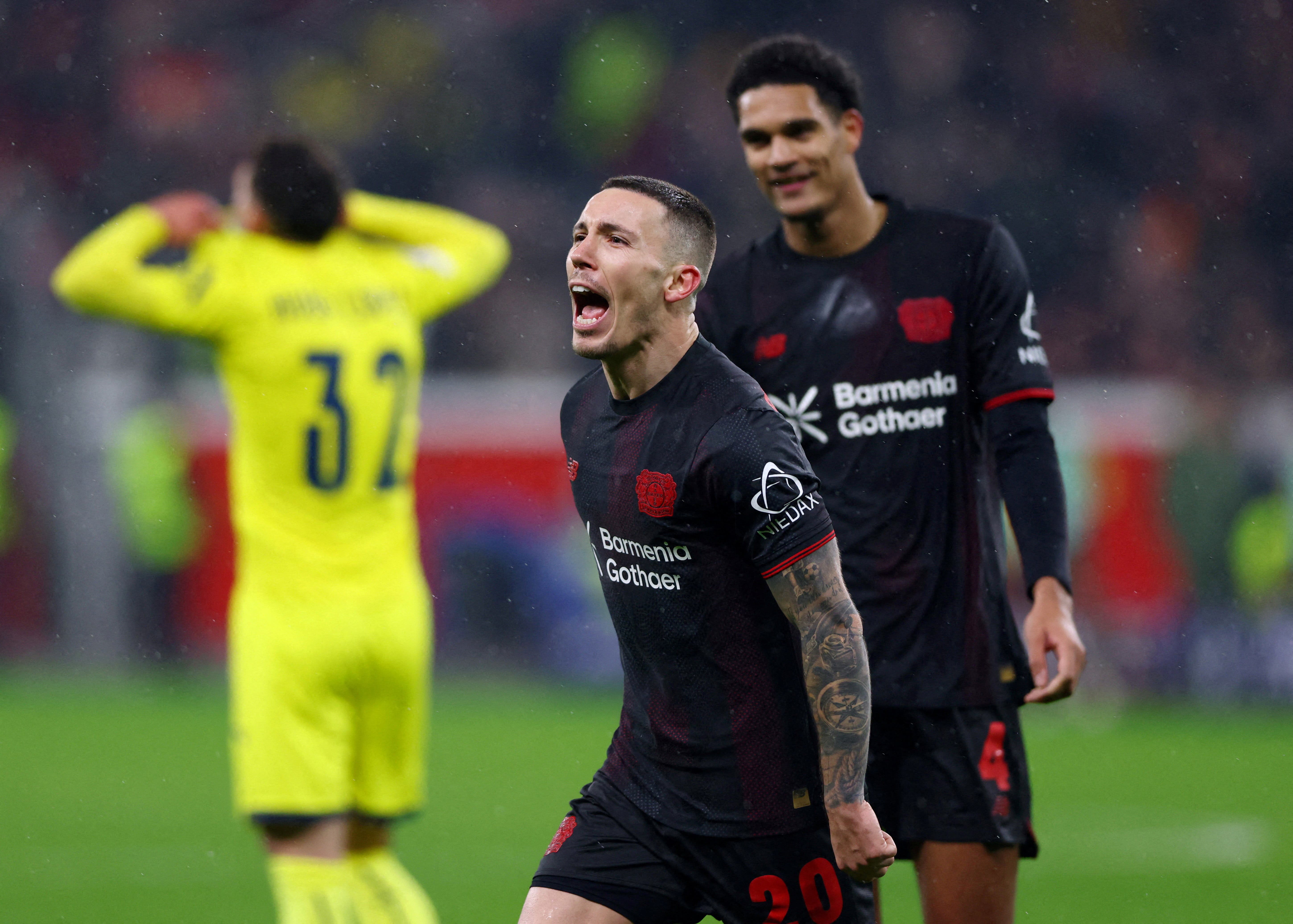 Soccer Football - UEFA Champions League - Bayer Leverkusen v Villarreal - BayArena, Leverkusen, Germany - January 28, 2026 Bayer Leverkusen's Alex Grimaldo celebrates scoring their third goal REUTERS/Thilo Schmuelgen TPX IMAGES OF THE DAY