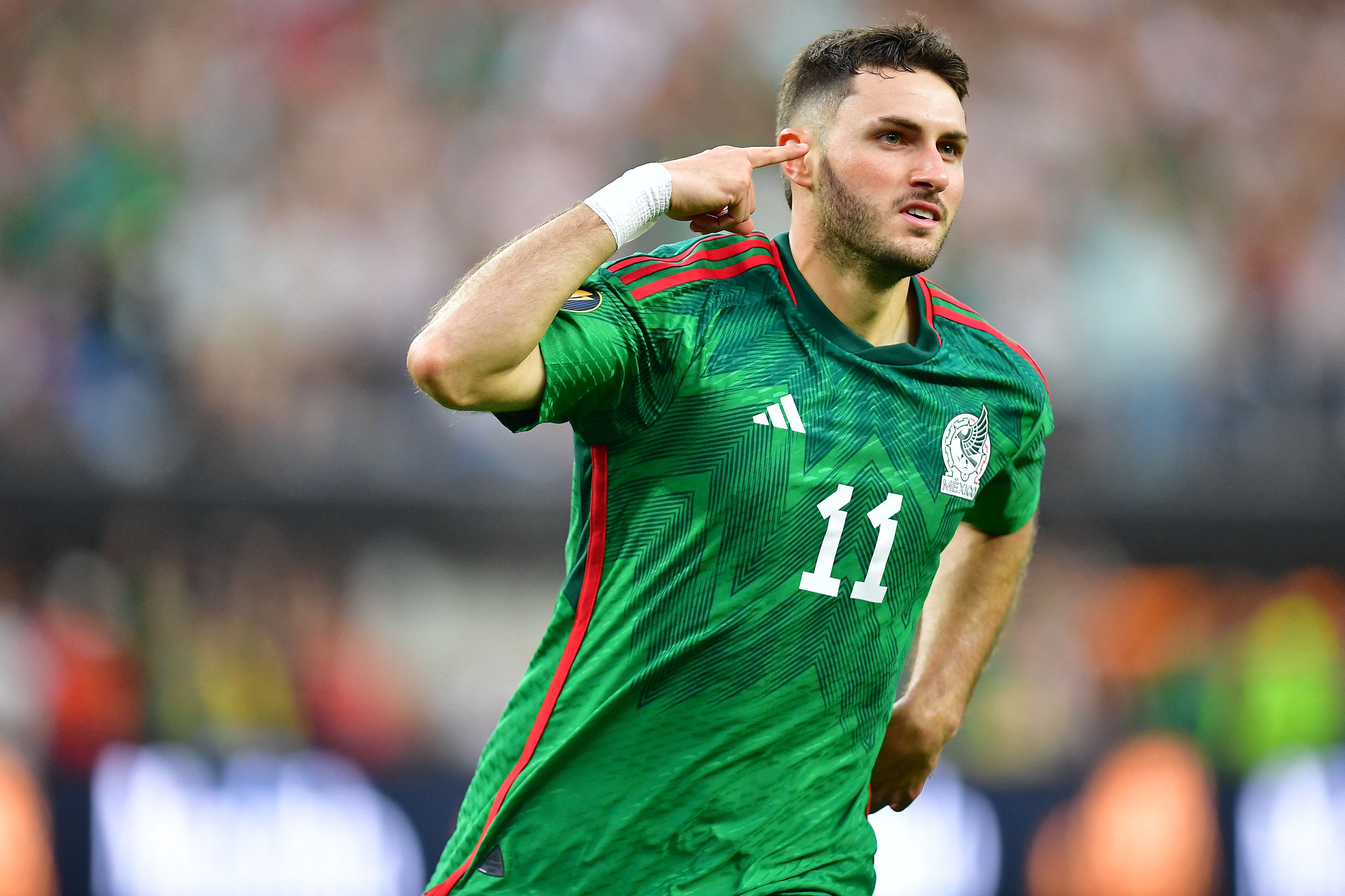 Jul 16, 2023; Inglewood, California, USA; Mexico forward Santiago Gimenez (11) celebrates his goal scored against Panama during the second half at SoFi Stadium. Mandatory Credit: Gary A. Vasquez-USA TODAY Sports