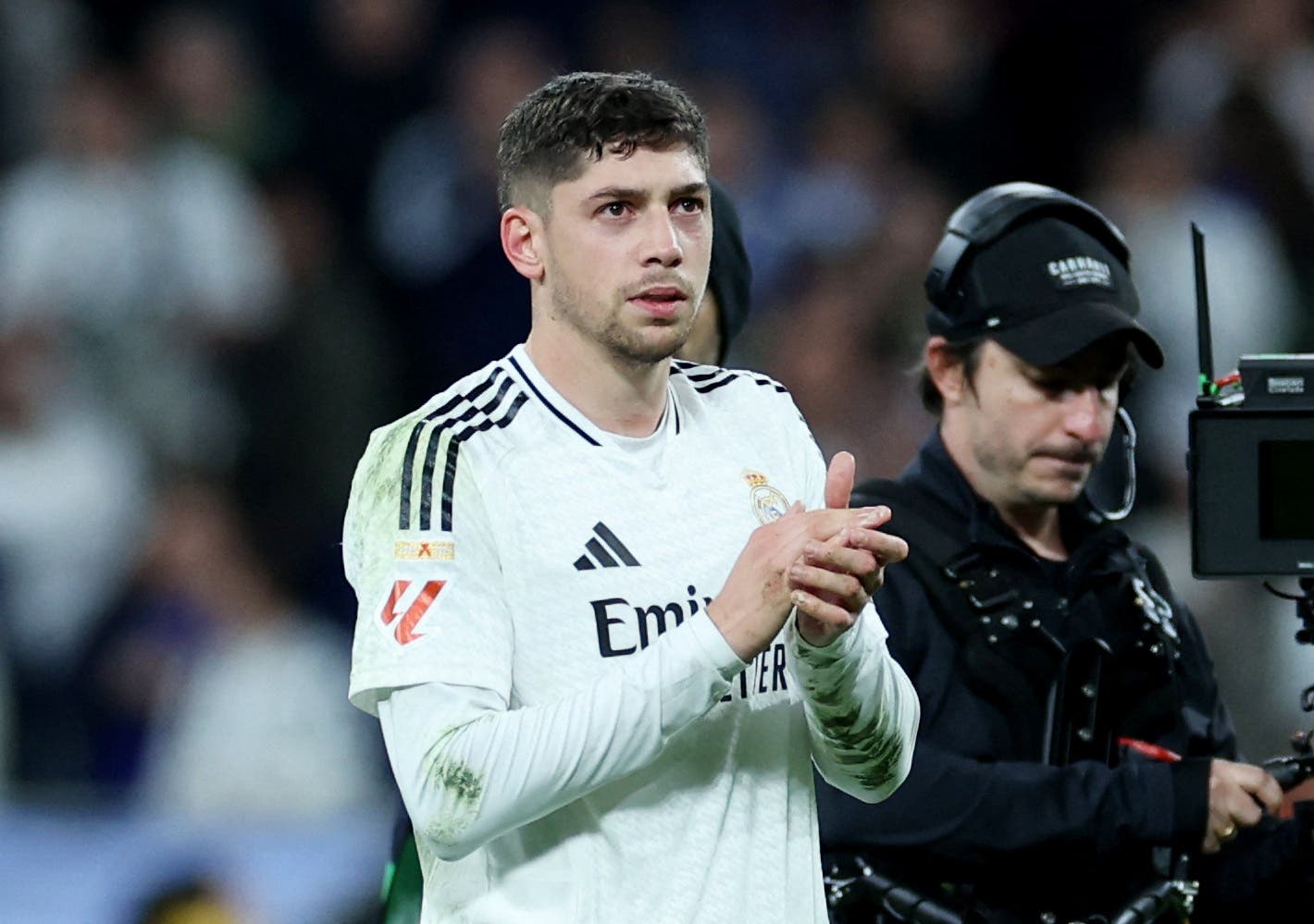Soccer Football - LaLiga - Real Madrid v Athletic Bilbao - Santiago Bernabeu, Madrid, Spain - April 20, 2025 Real Madrid's Federico Valverde celebrates after the match REUTERS/Isabel Infantes