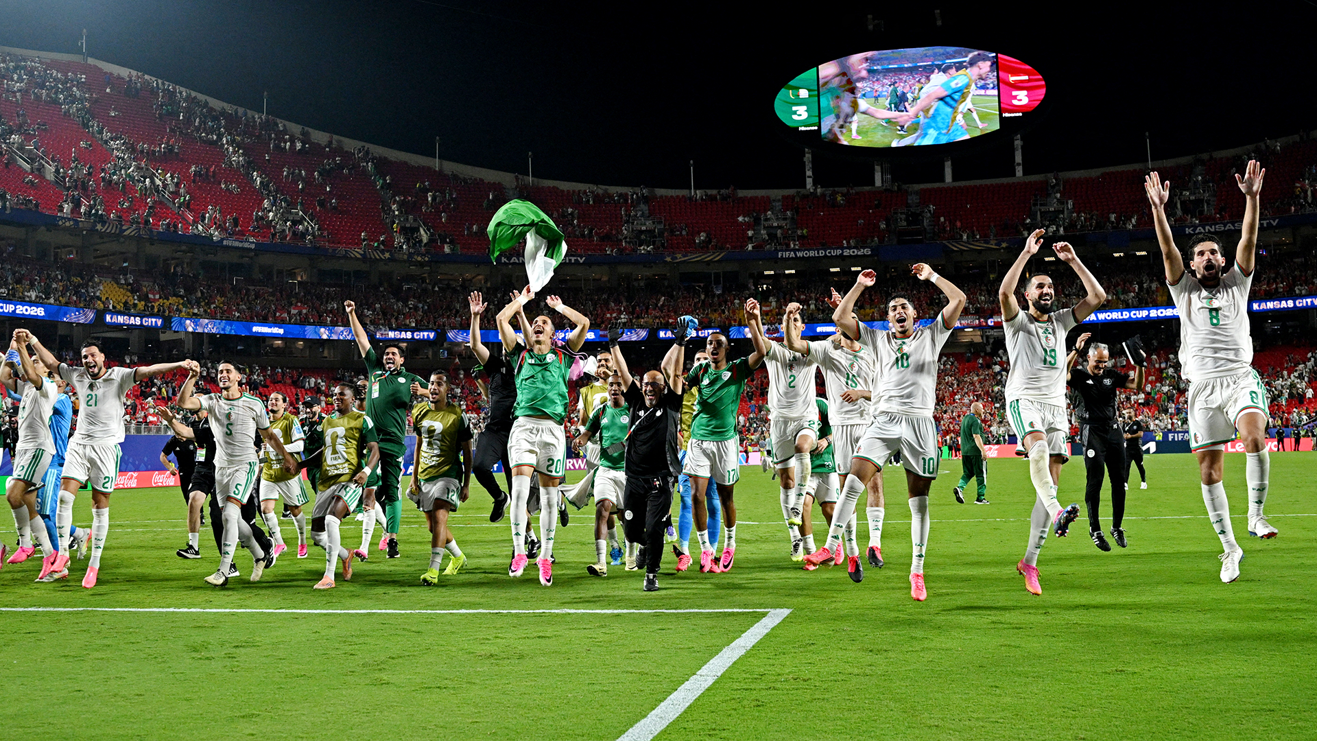 Soccer Football - FIFA World Cup 2026 - Group J - Algeria v Austria - Kansas City Stadium, Kansas City, Missouri, U.S. - June 27, 2026 Algeria players celebrate after the match as Algeria qualify for the knockout stages of the World Cup REUTERS/Annegret Hilse