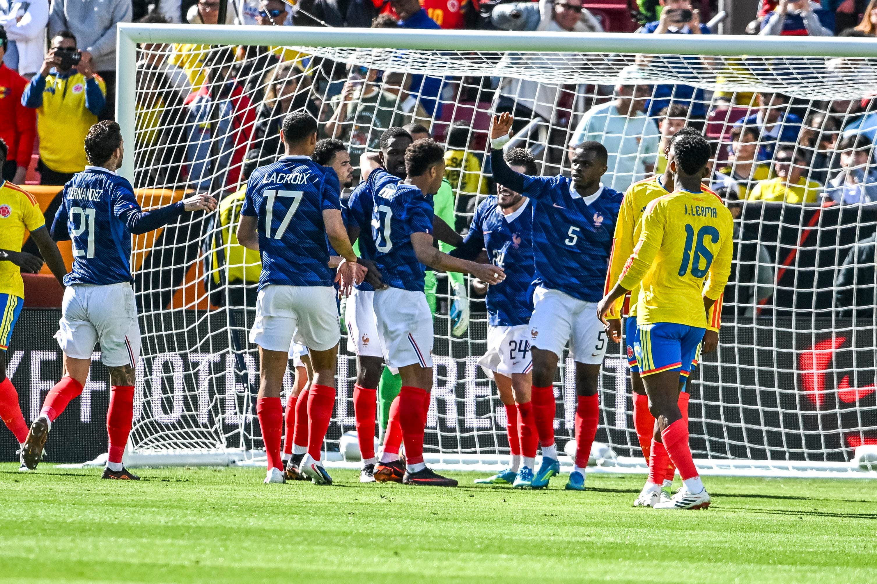 Mar 29, 2026; Landover, Maryland, USA; France celebrates the second goal of the during the first half against Columbia at Northwest Stadium. Mandatory Credit: Tommy Gilligan-Imagn Images