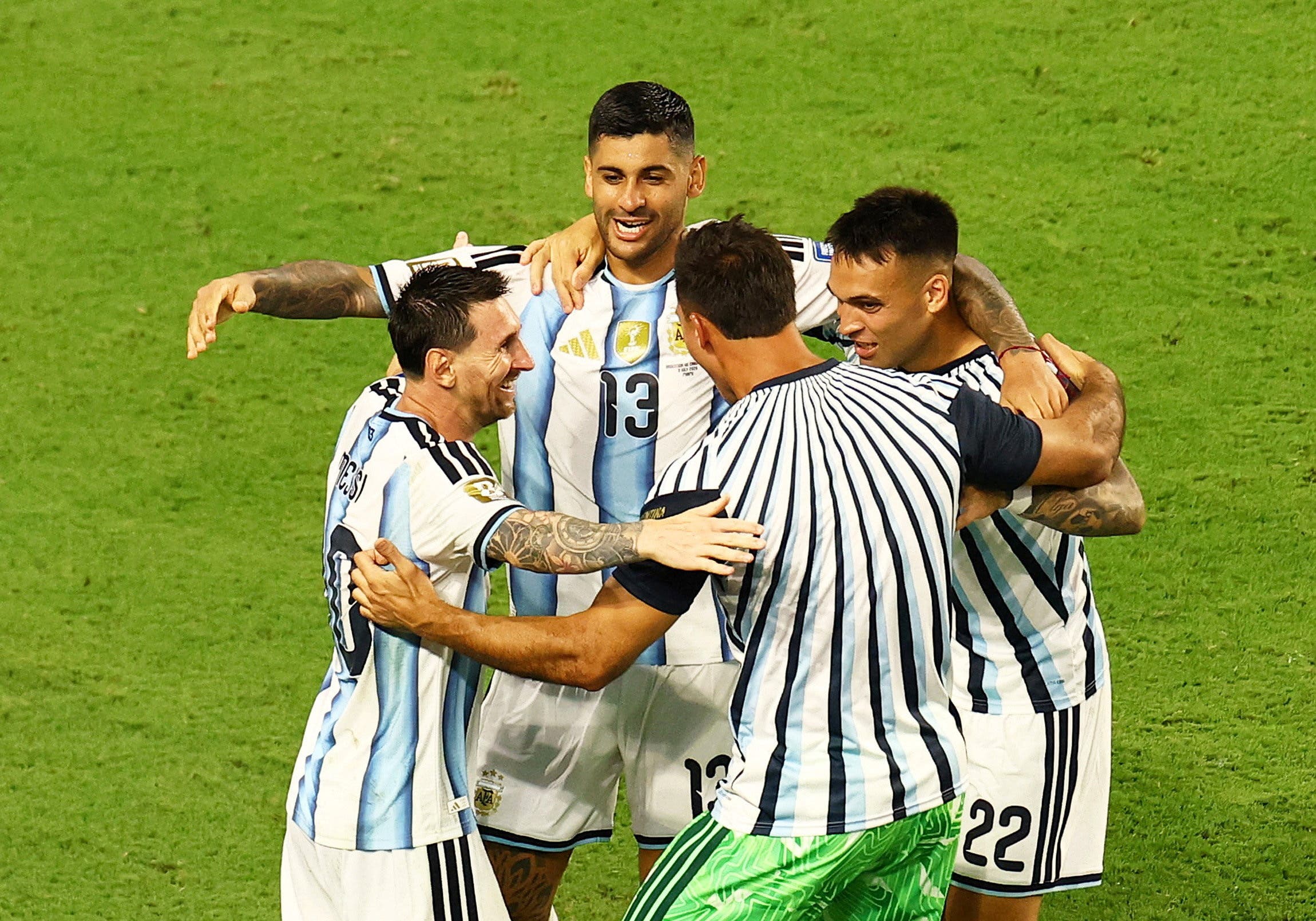 Soccer Football - FIFA World Cup 2026 - Round of 32 - Argentina v Cape Verde - Miami Stadium, Miami Gardens, Florida, U.S. - July 3, 2026 Argentina's Cristian Romero celebrates scoring their third goal with teammates REUTERS/Marco Bello TPX IMAGES OF THE DAY