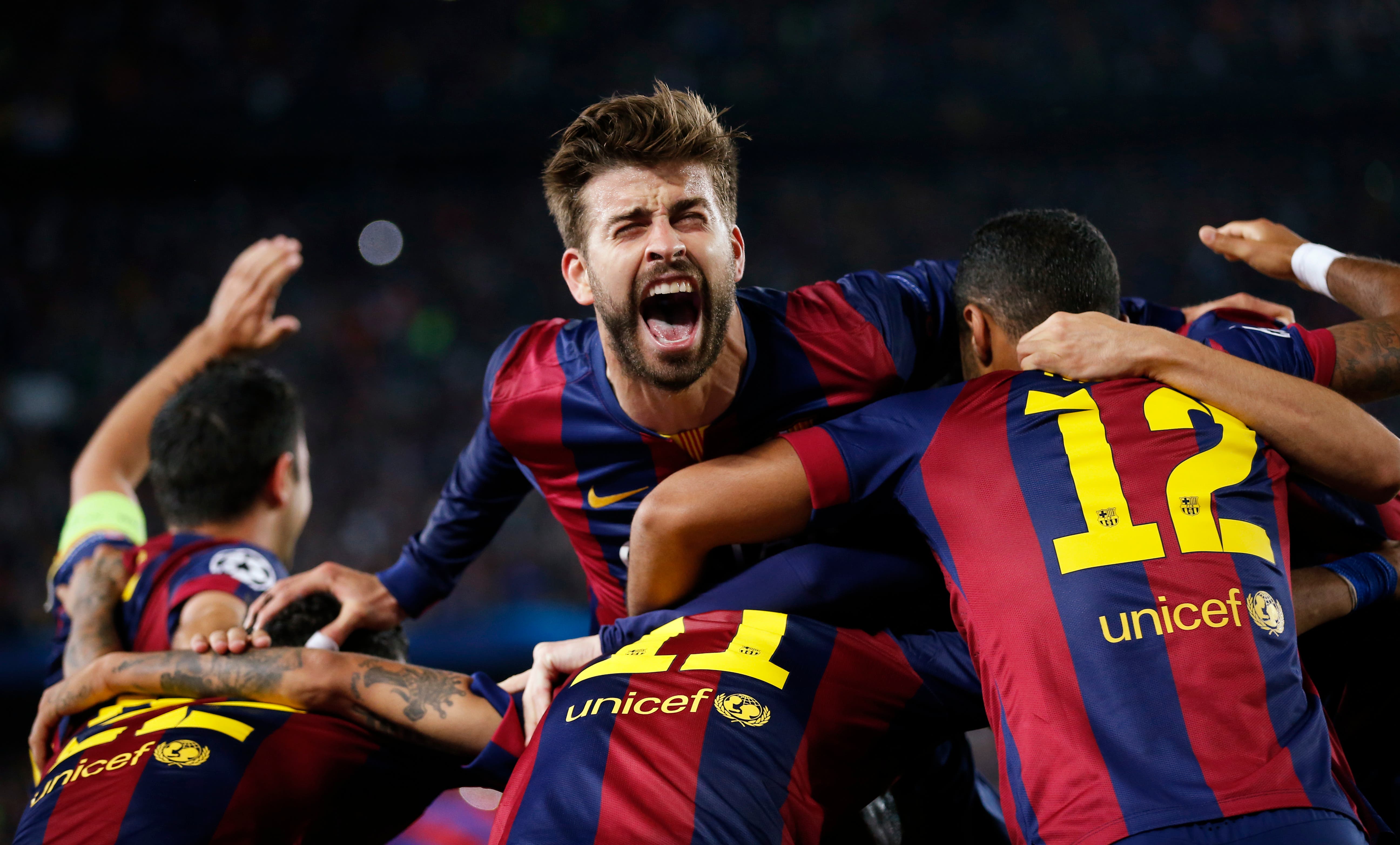 Football - FC Barcelona v Bayern Munich - UEFA Champions League Semi Final First Leg - The Nou Camp, Barcelona, Spain - 6/5/15 Barcelona's Gerard Pique celebrates after Neymar scores their third goal Reuters / Gustau Nacarino
