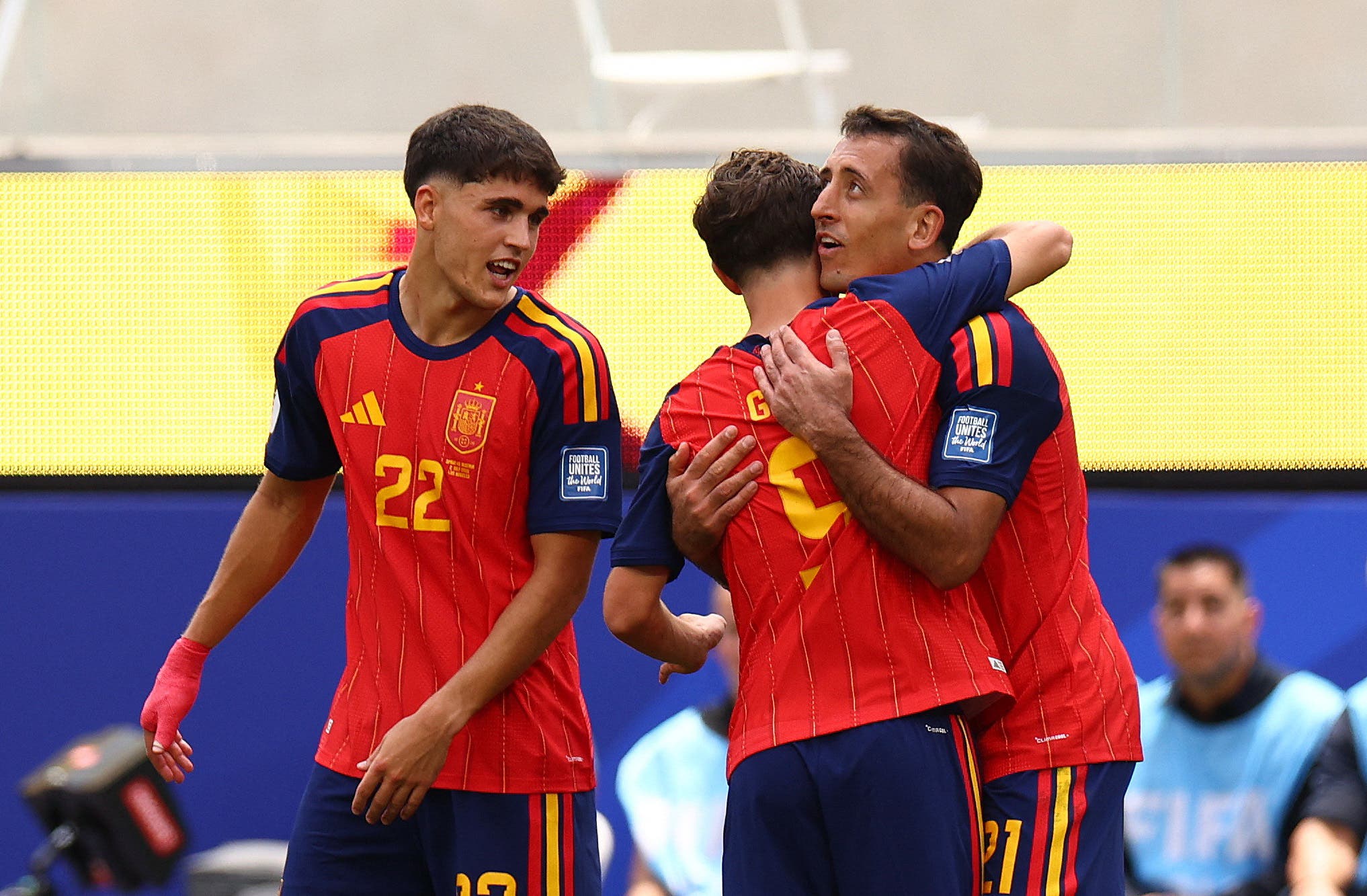 Soccer Football - FIFA World Cup 2026 - Round of 32 - Spain v Austria - Los Angeles Stadium, Inglewood, California, U.S. - July 2, 2026 Spain's Mikel Oyarzabal celebrates scoring their third goal with Gavi and Pau Cubarsi IMAGN IMAGES via Reuters/Jessie Alcheh