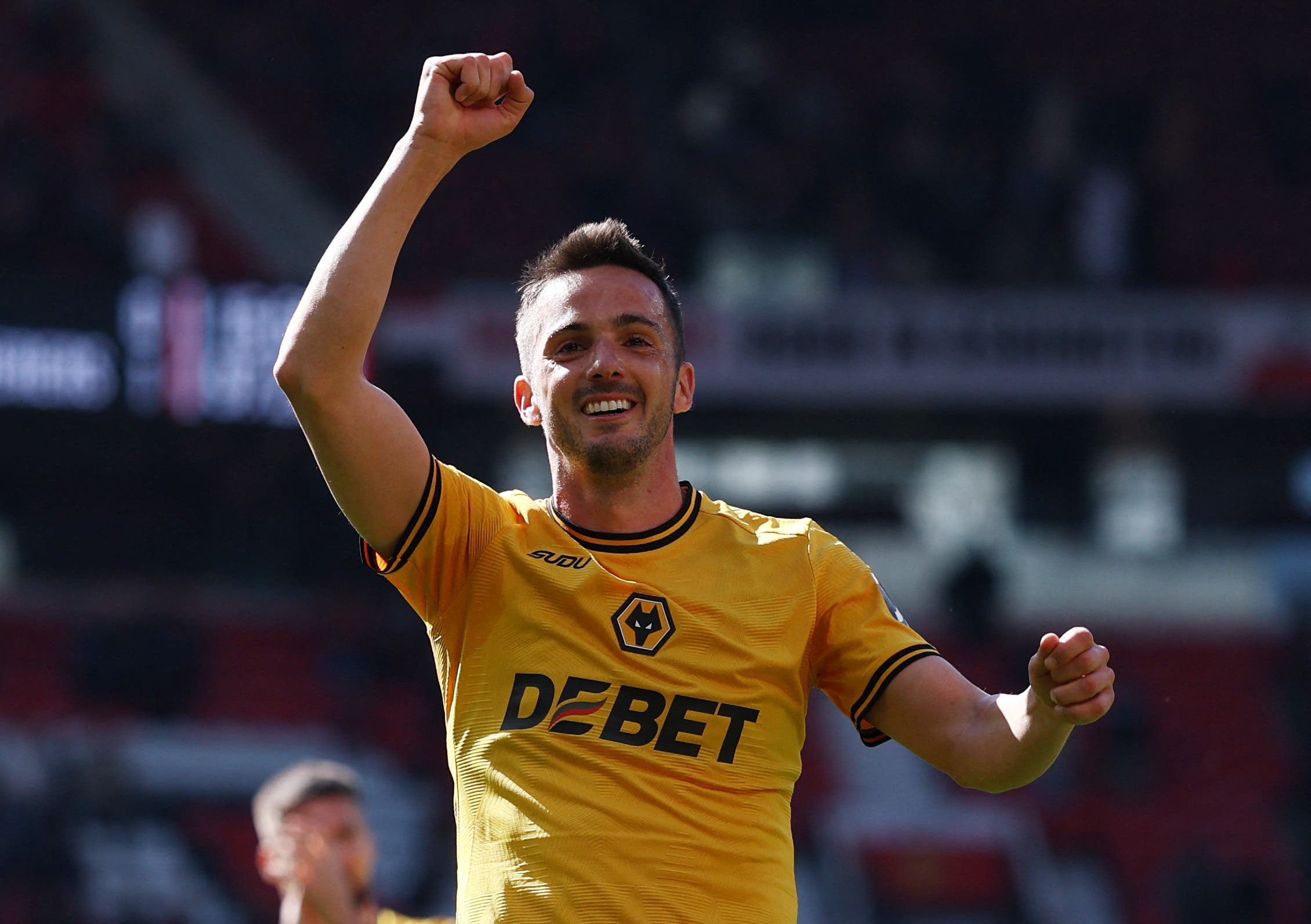 Soccer Football - Premier League - Manchester United v Wolverhampton Wanderers - Old Trafford, Manchester, Britain - April 20, 2025 Wolverhampton Wanderers' Pablo Sarabia celebrates after the match Action Images via Reuters/Lee Smith