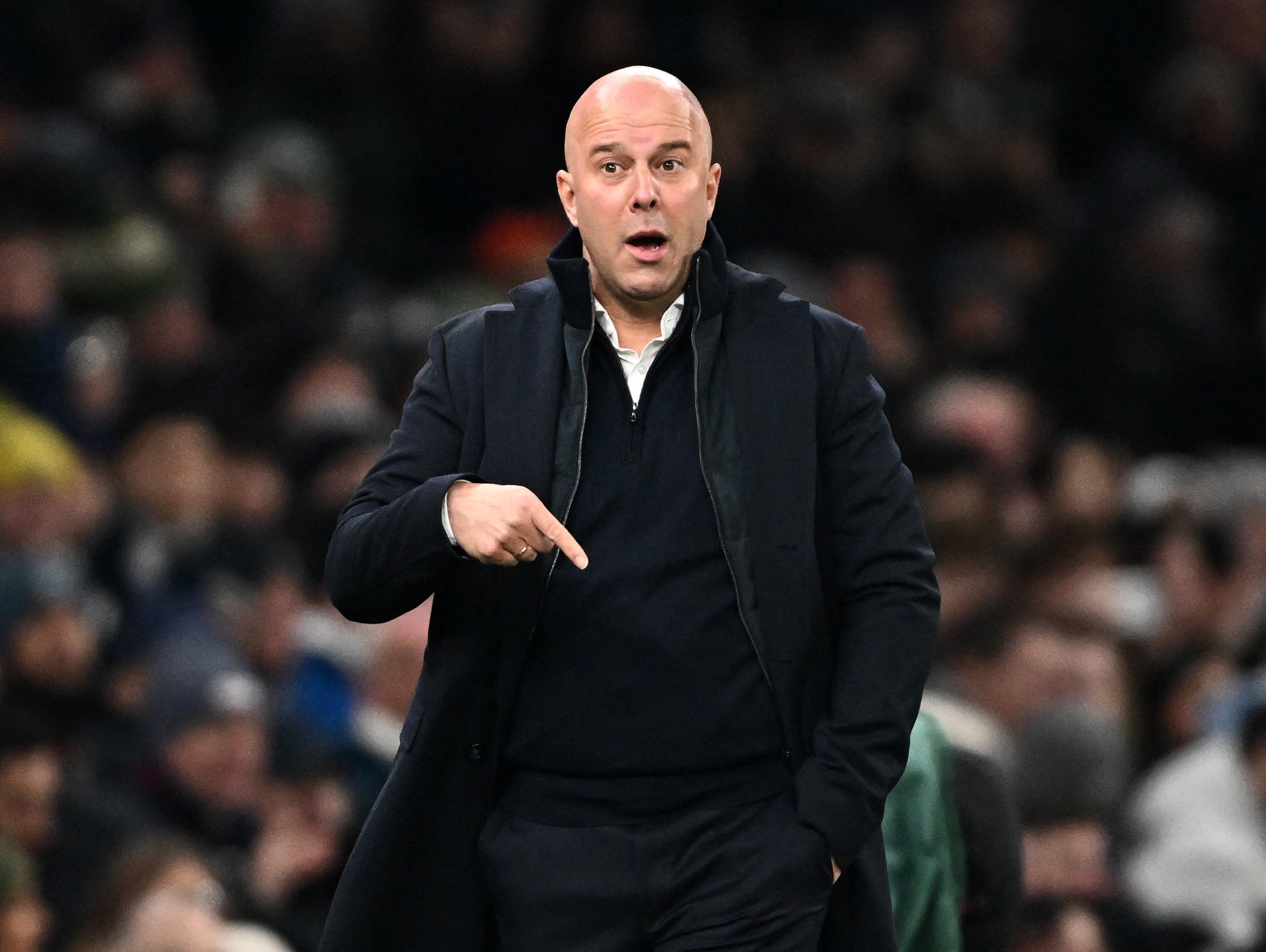 Arne Slot reacts during a game for Liverpool FC.