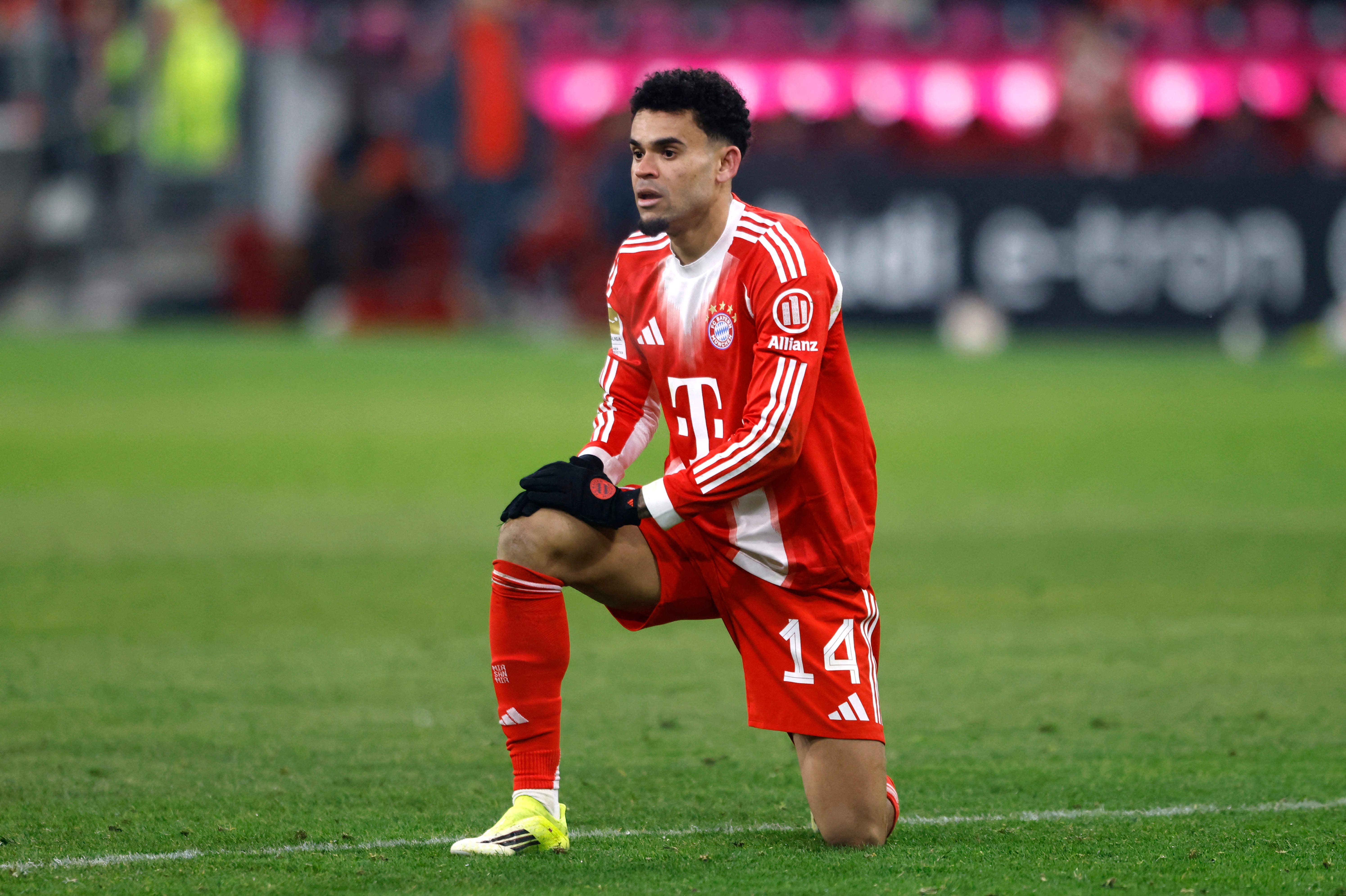 Soccer Football - Bundesliga - Bayern Munich v VfL Wolfsburg - Allianz Arena, Munich, Germany - January 11, 2026 Bayern Munich's Luis Diaz reacts REUTERS/Michaela Stache