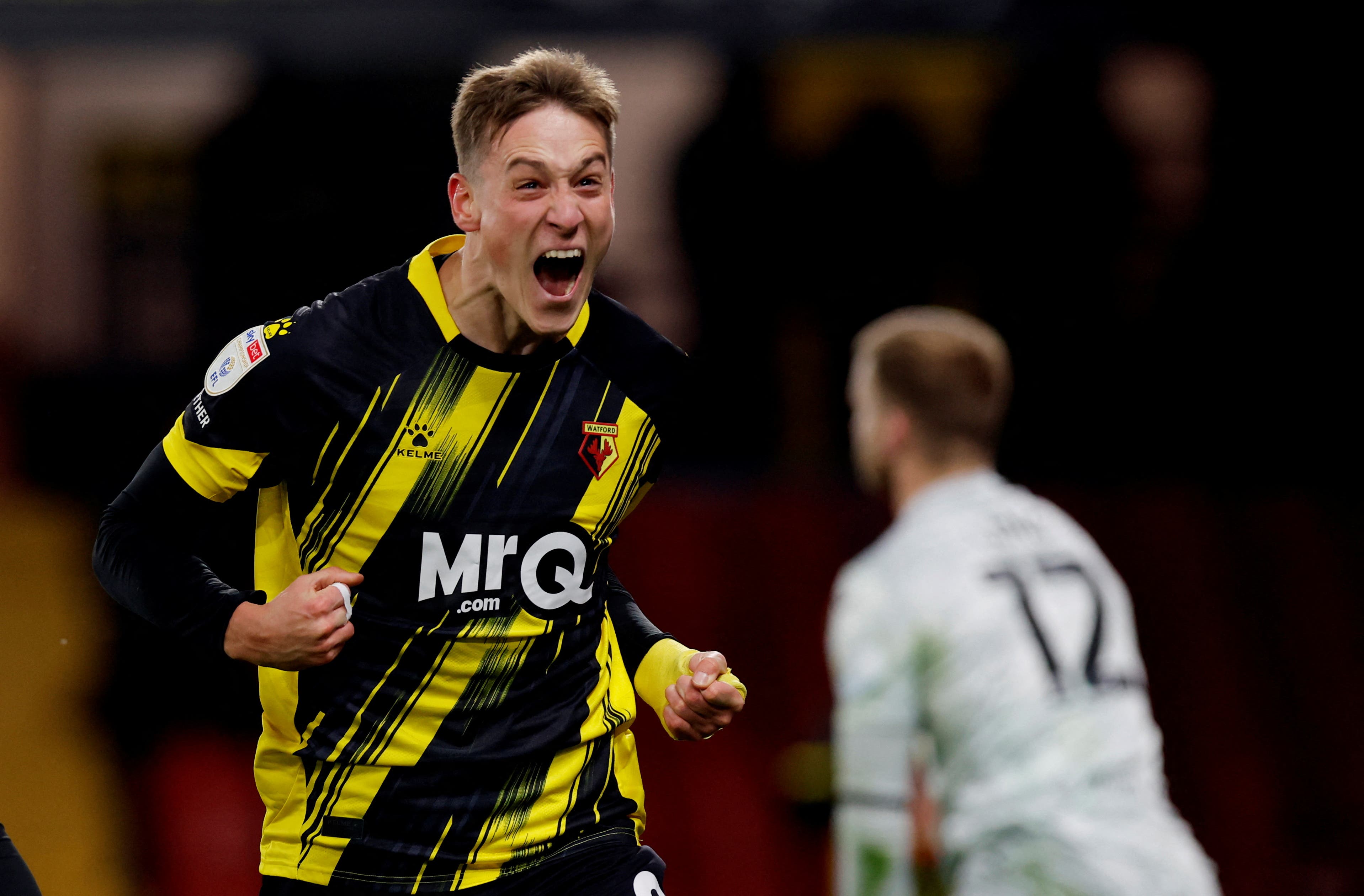 Soccer Football - Championship - Watford v Norwich City - Vicarage Road, Watford, Britain - November 28, 2023 Watford's Mileta Rajovic celebrates scoring their second goal Action Images/Andrew Couldridge EDITORIAL USE ONLY. No use with unauthorized audio, video, data, fixture lists, club/league logos or "live" services. Online in-match use limited to 75 images, no video emulation. No use in betting, games or single club/league/player publications. Please contact your account representative for further details.