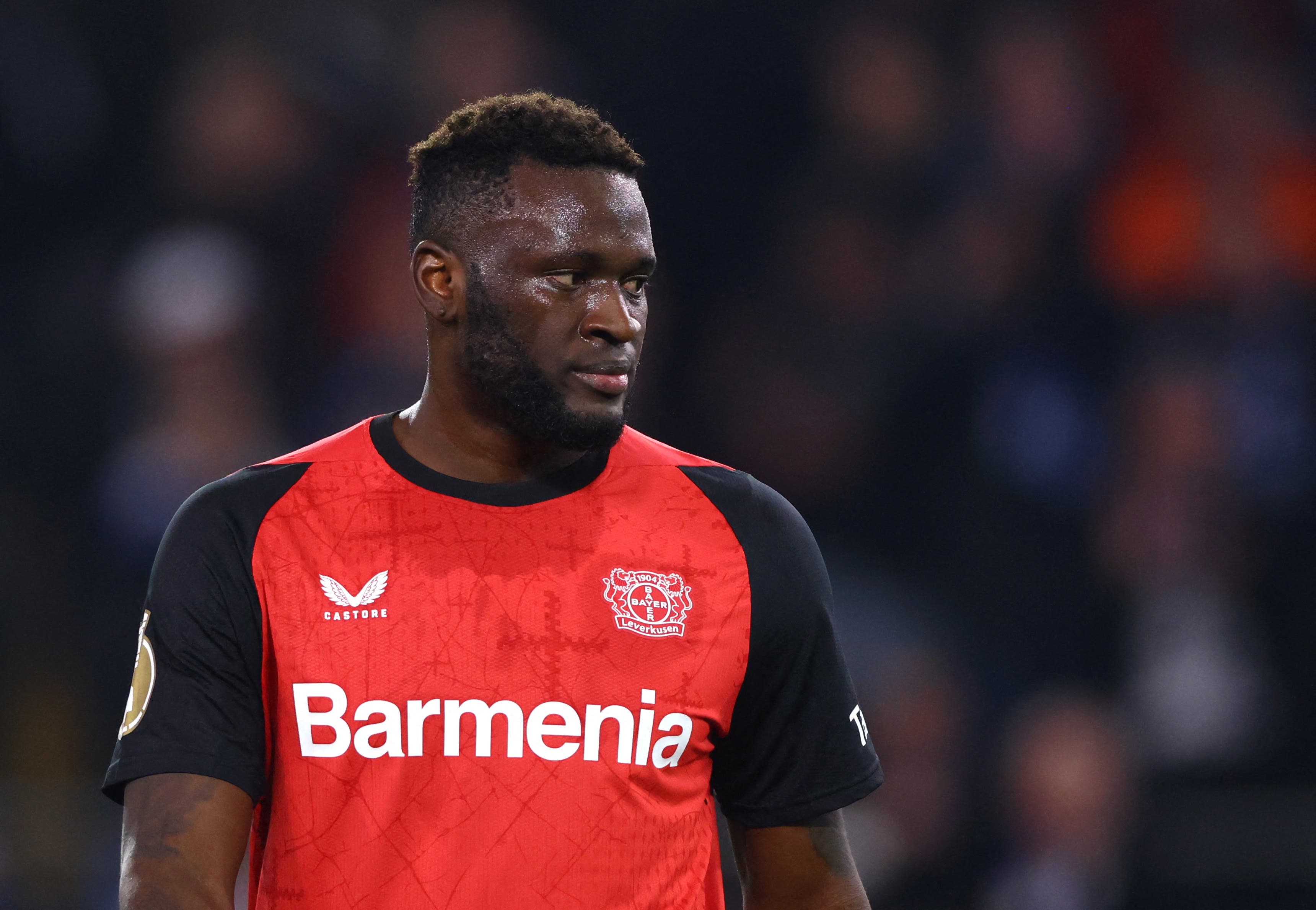 Soccer Football - DFB Cup - Semi Final - Arminia Bielefeld v Bayer Leverkusen - Bielefelder Alm, Bielefeld, Germany - April 1, 2025 Bayer Leverkusen's Victor Boniface reacts REUTERS/Thilo Schmuelgen DFB REGULATIONS PROHIBIT ANY USE OF PHOTOGRAPHS AS IMAGE SEQUENCES AND/OR QUASI-VIDEO.