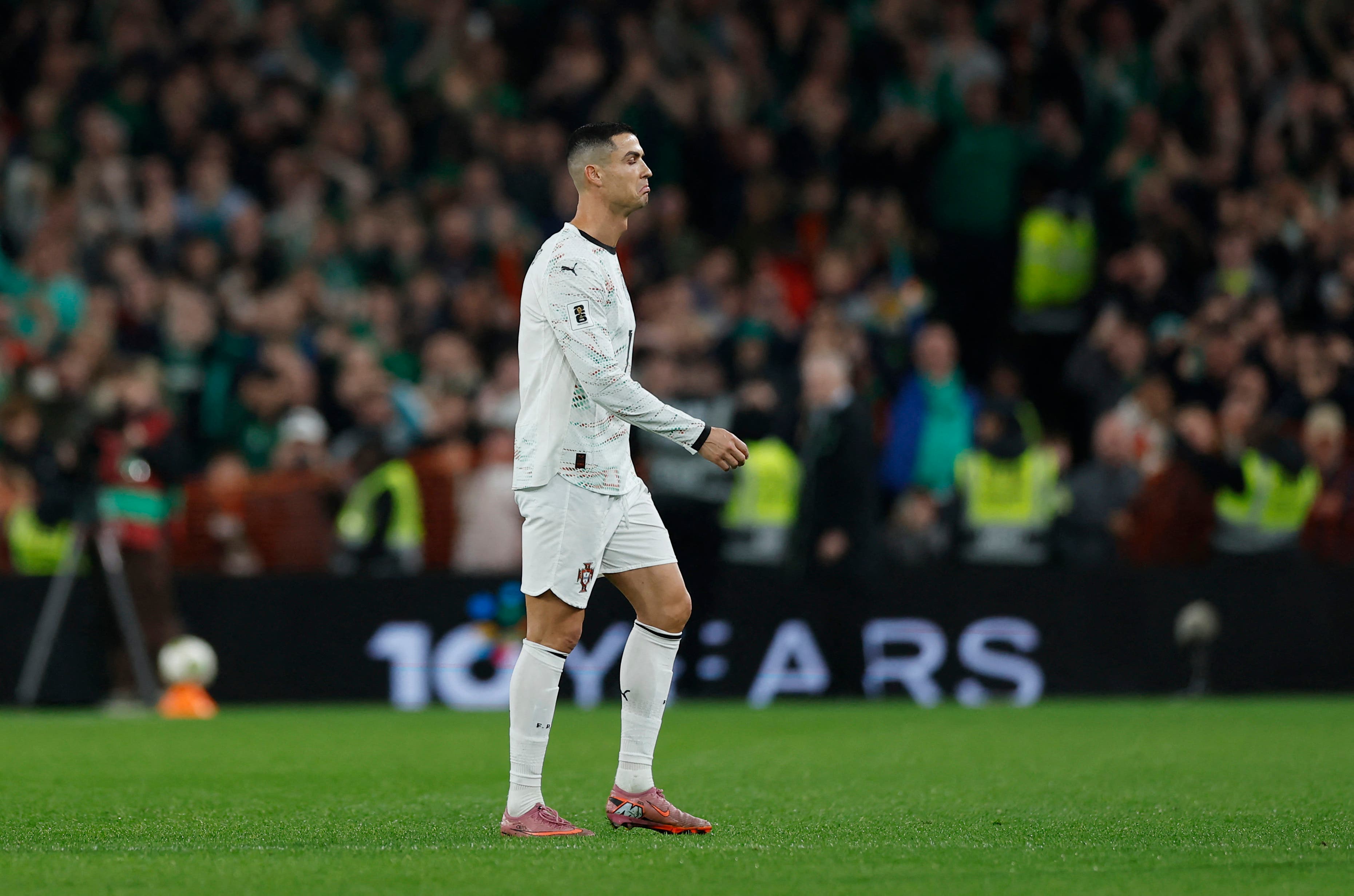 Soccer Football - World Cup - UEFA Qualifiers - Group F - Republic of Ireland v Portugal - Aviva Stadium, Dublin, Ireland - November 13, 2025 Portugal's Cristiano Ronaldo reacts after being shown a red card REUTERS/Clodagh Kilcoyne