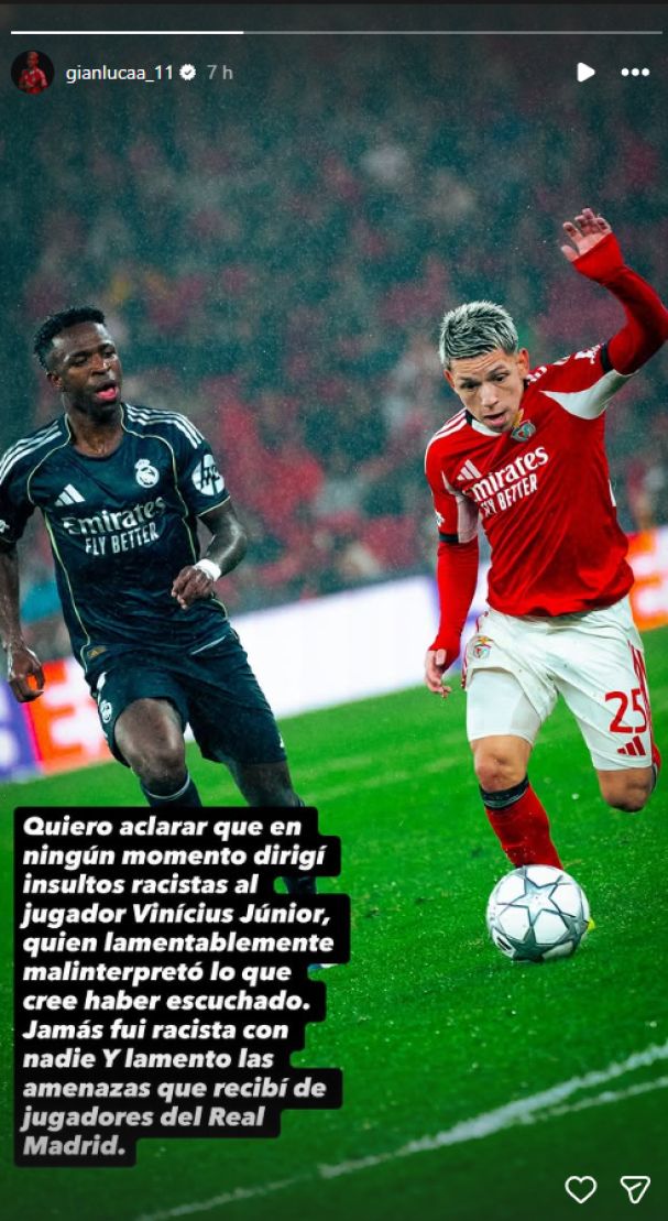 Mensaje de Gianluca Prestianni en redes sociales luego del incidente con Vinícius.