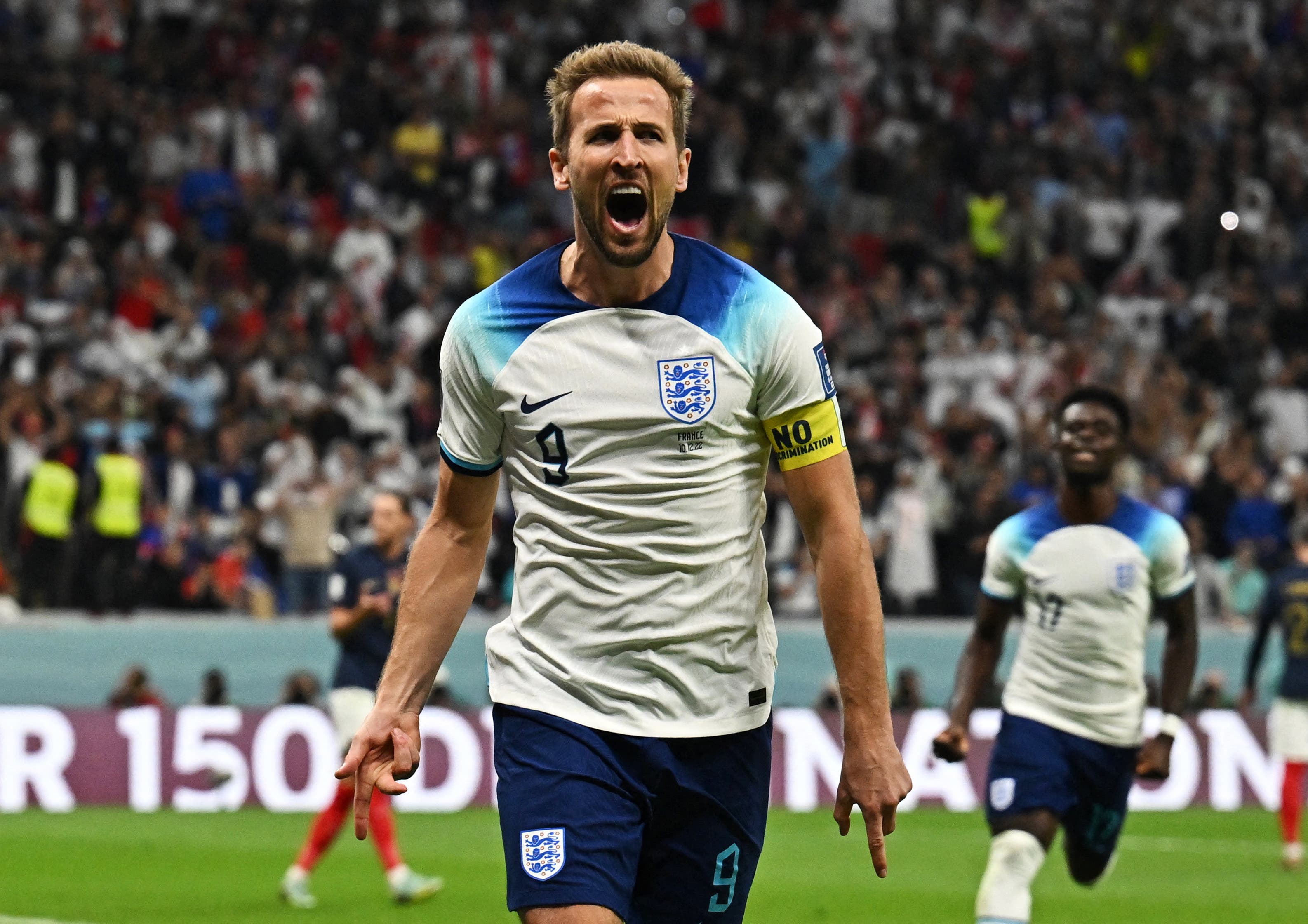 Soccer Football - FIFA World Cup Qatar 2022 - Quarter Final - England v France - Al Bayt Stadium, Al Khor, Qatar - December 10, 2022 England's Harry Kane celebrates scoring their first goal REUTERS/Dylan Martinez