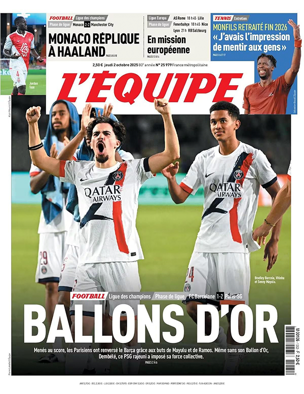 L'Equippe cover after PSG victory over Barcelona in the UEFA Champions League.