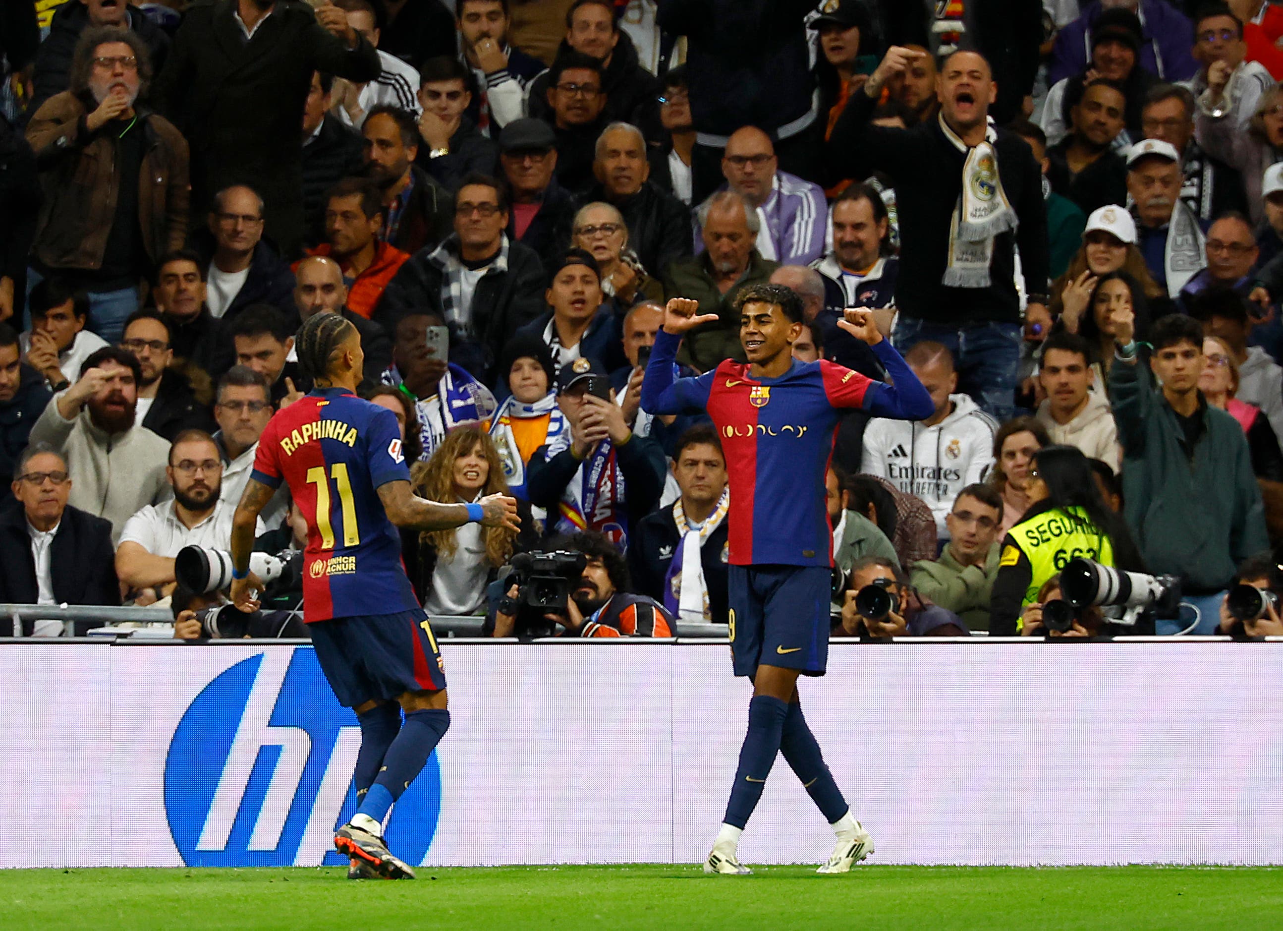 Lamine Yamal celebrates scoring in the Santiago Bernabeu