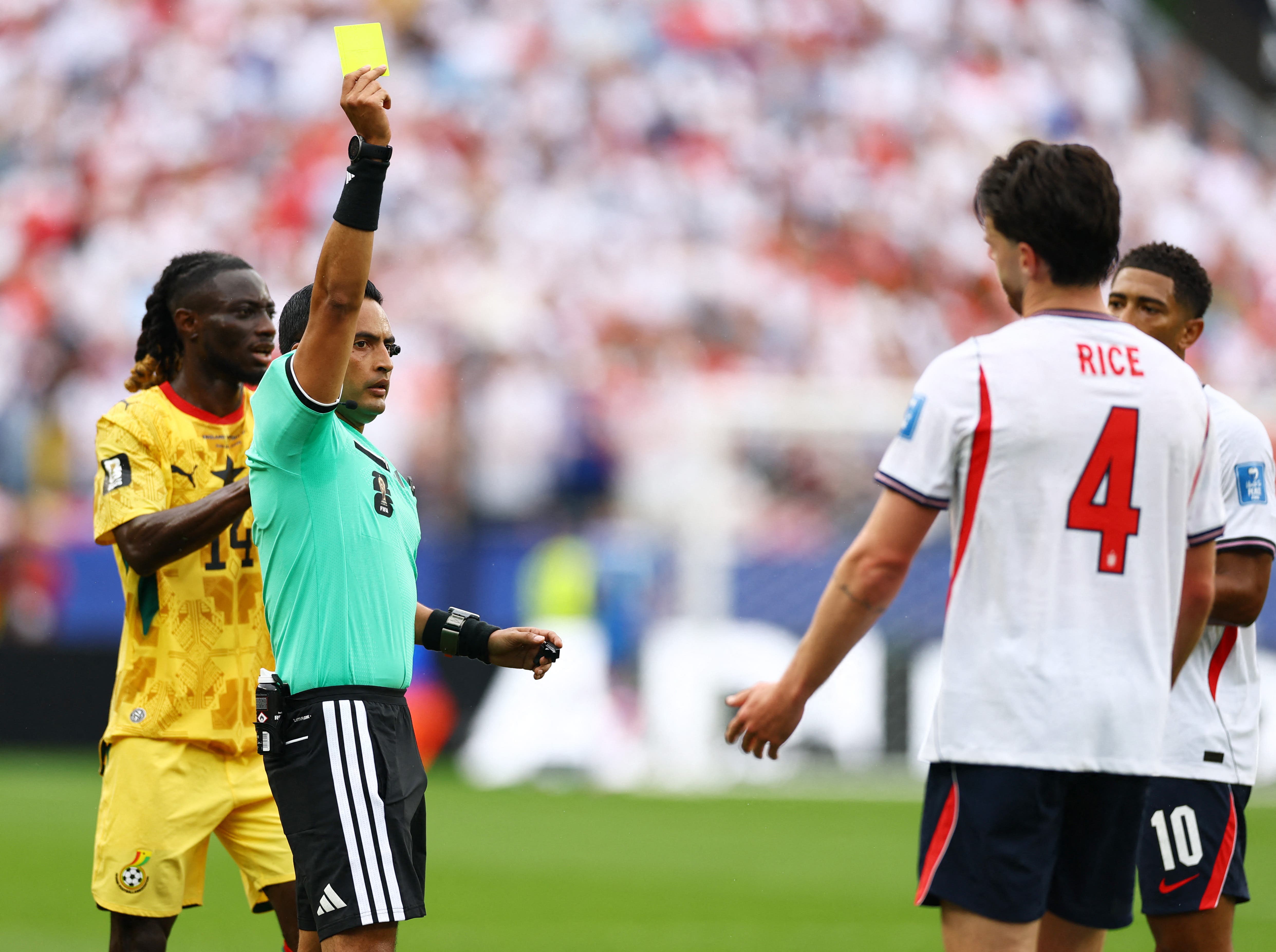 Soccer Football - FIFA World Cup 2026 - Group L - England v Ghana - Boston Stadium, Foxborough, Massachusetts, U.S. - June 23, 2026 England's Declan Rice is shown a yellow card by referee Said Martinez REUTERS/Peter Cziborra

