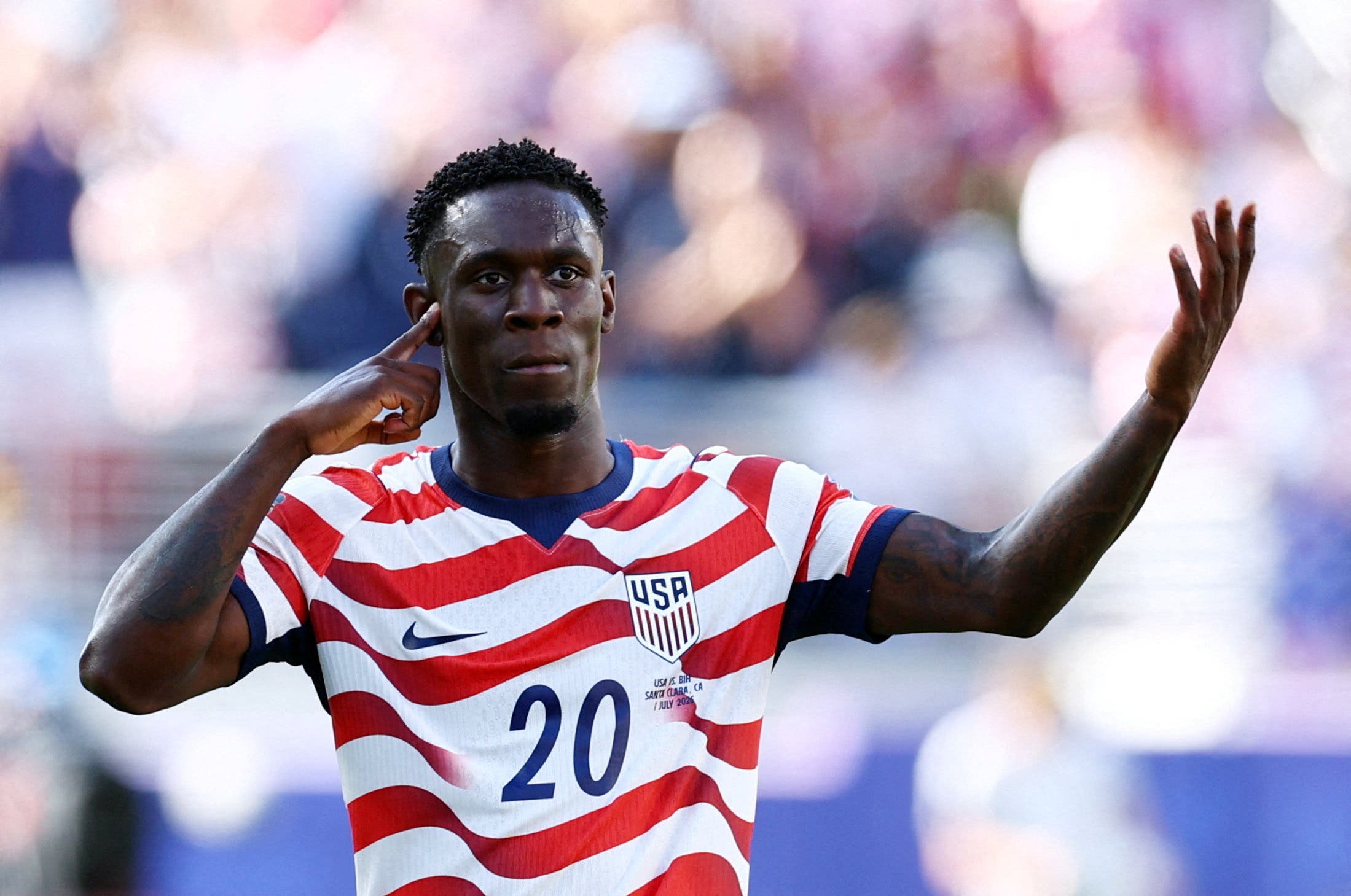 Soccer Football - FIFA World Cup 2026 - Round of 32 - United States v Bosnia and Herzegovina - San Francisco Bay Area Stadium, Santa Clara, California, U.S. - July 1, 2026 Folarin Balogun of the U.S. celebrates scoring their first goal REUTERS/Phil Noble TPX IMAGES OF THE DAY

