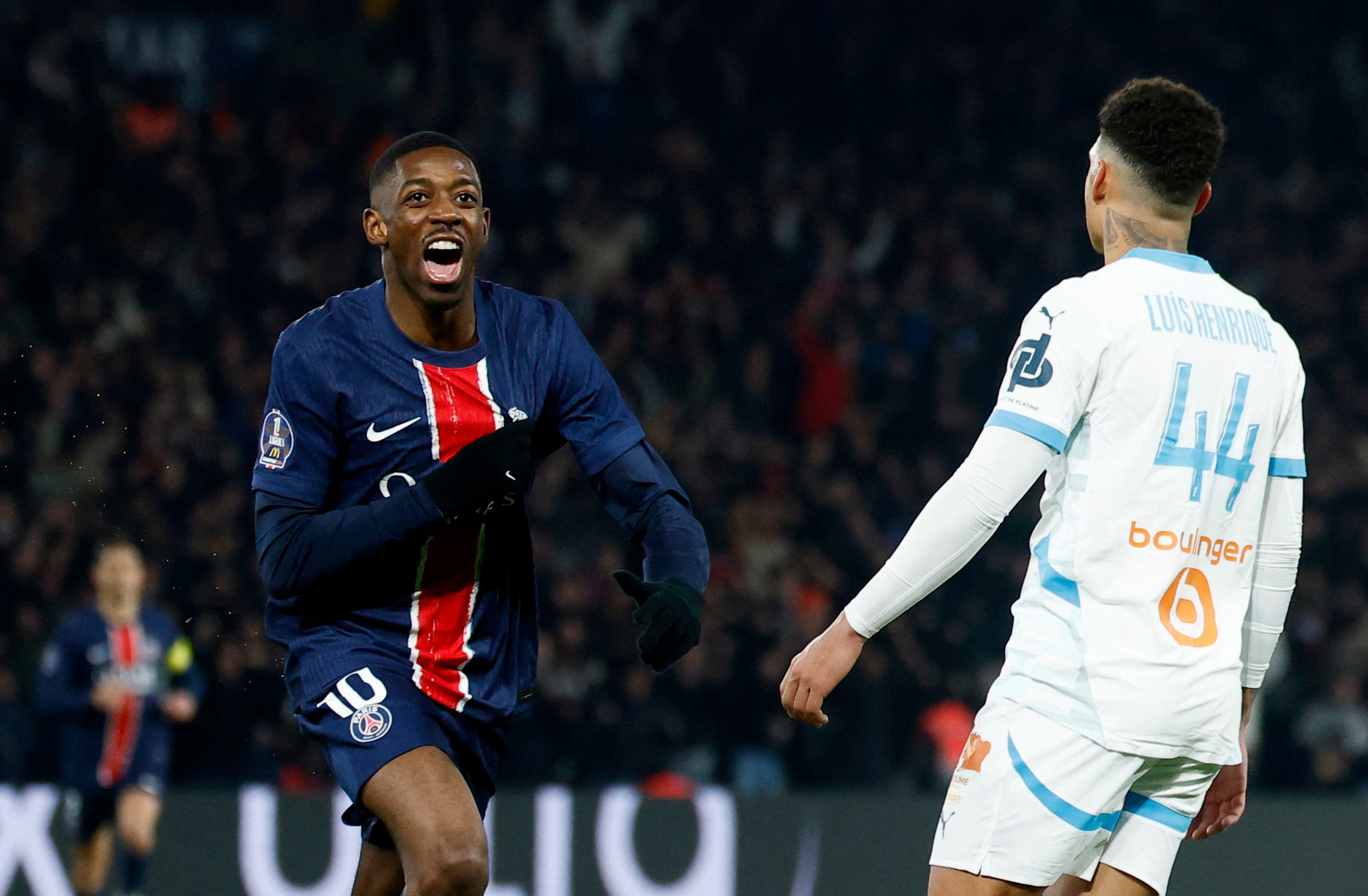 Soccer Football - Ligue 1 - Paris St Germain v Olympique de Marseille - Parc des Princes, Paris, France - March 16, 2025 Paris St Germain's Ousmane Dembele celebrates scoring their first goal REUTERS/Stephanie Lecocq
